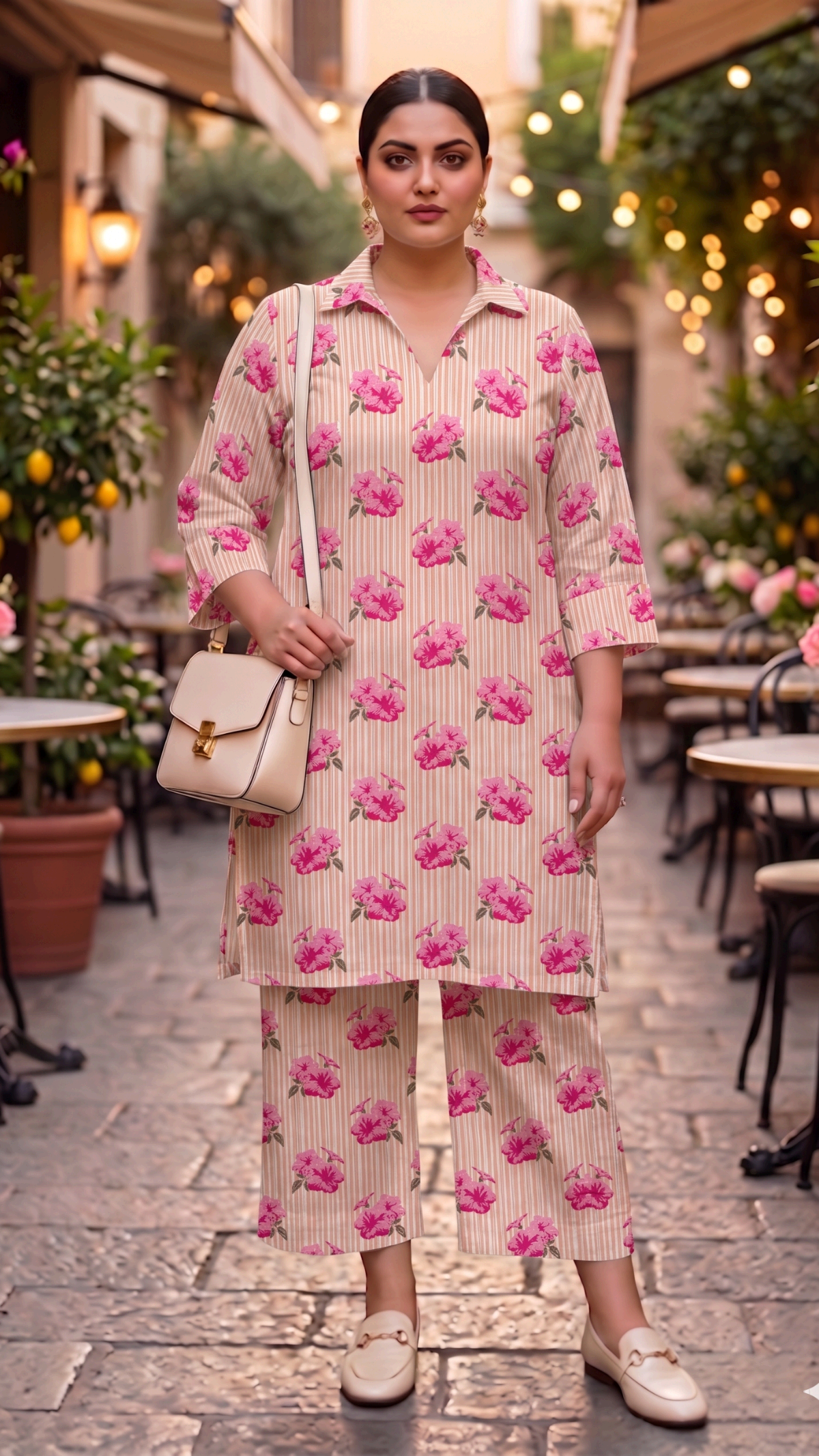 Plus Size Pink Floral Cotton Cord Set for Women | Printed Kurta & Straight Pants Co-ord Set