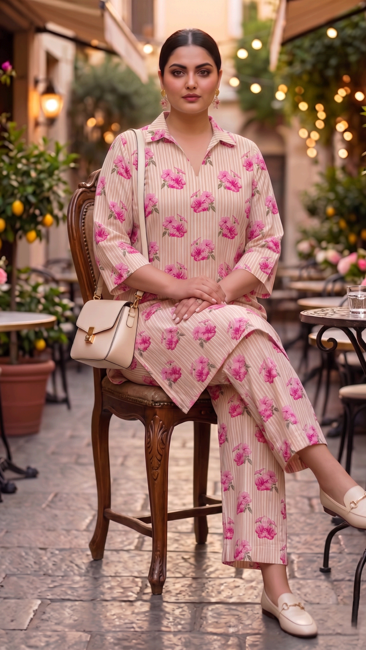 Plus Size Pink Floral Cotton Cord Set for Women | Printed Kurta & Straight Pants Co-ord Set