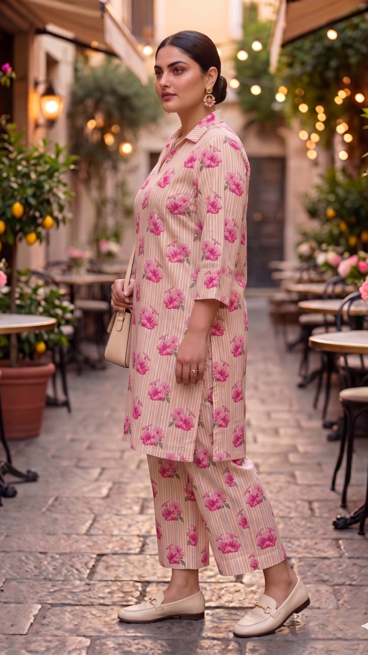 Plus Size Pink Floral Cotton Cord Set for Women | Printed Kurta & Straight Pants Co-ord Set