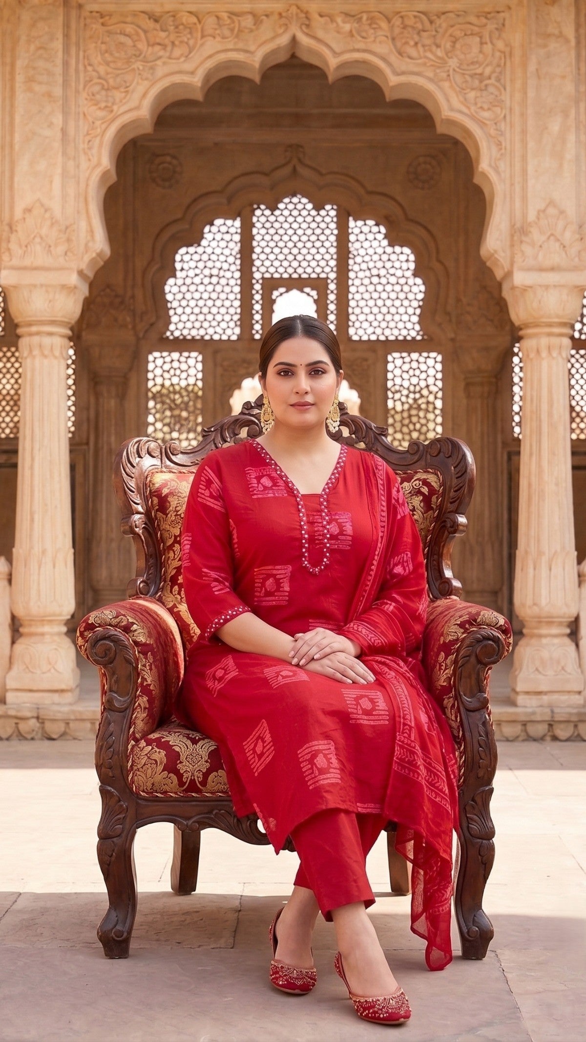 Plus Size Red Printed Cotton Kurta Set with Dupatta
