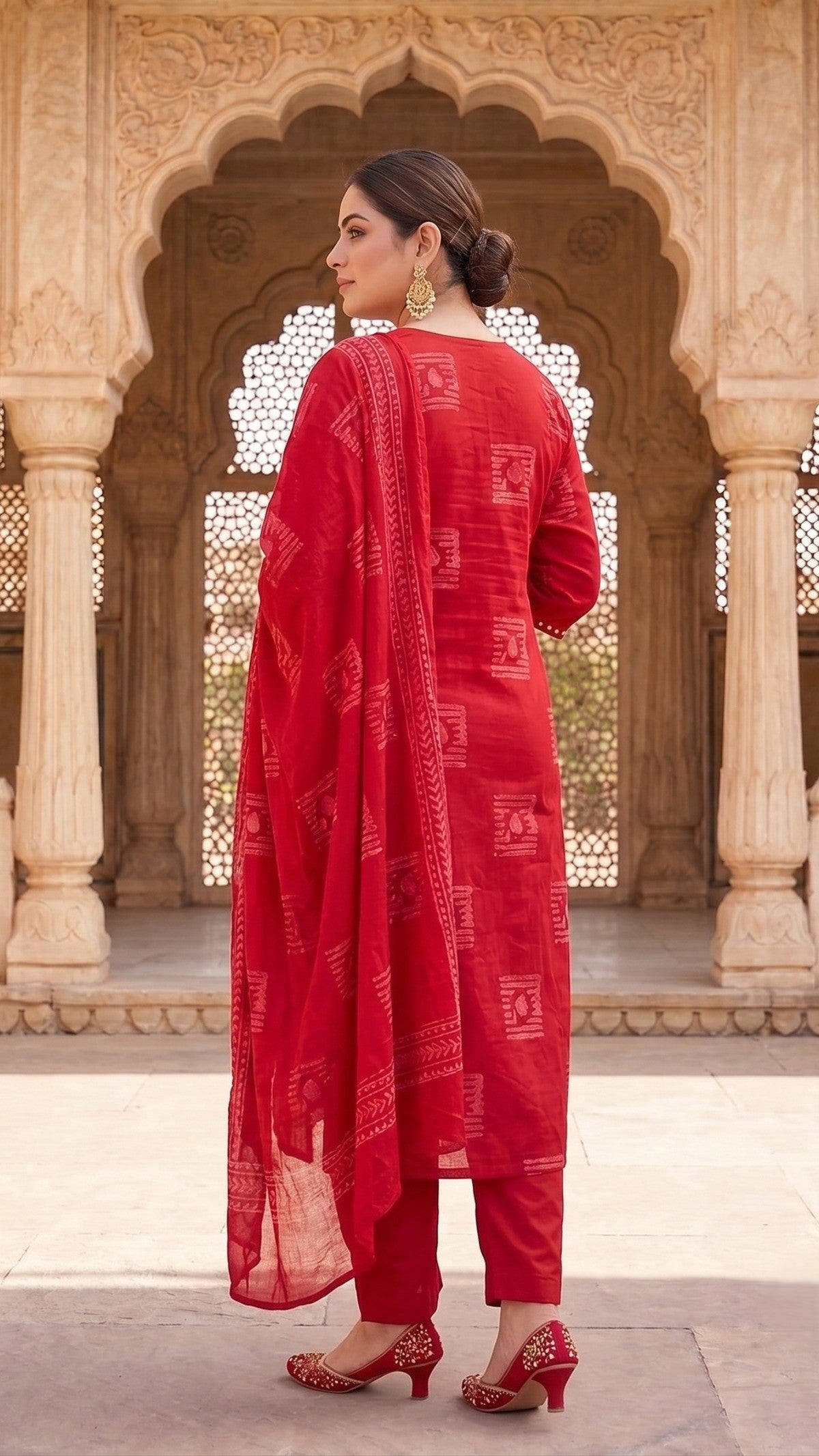 Plus Size Red Printed Cotton Kurta Set with Dupatta