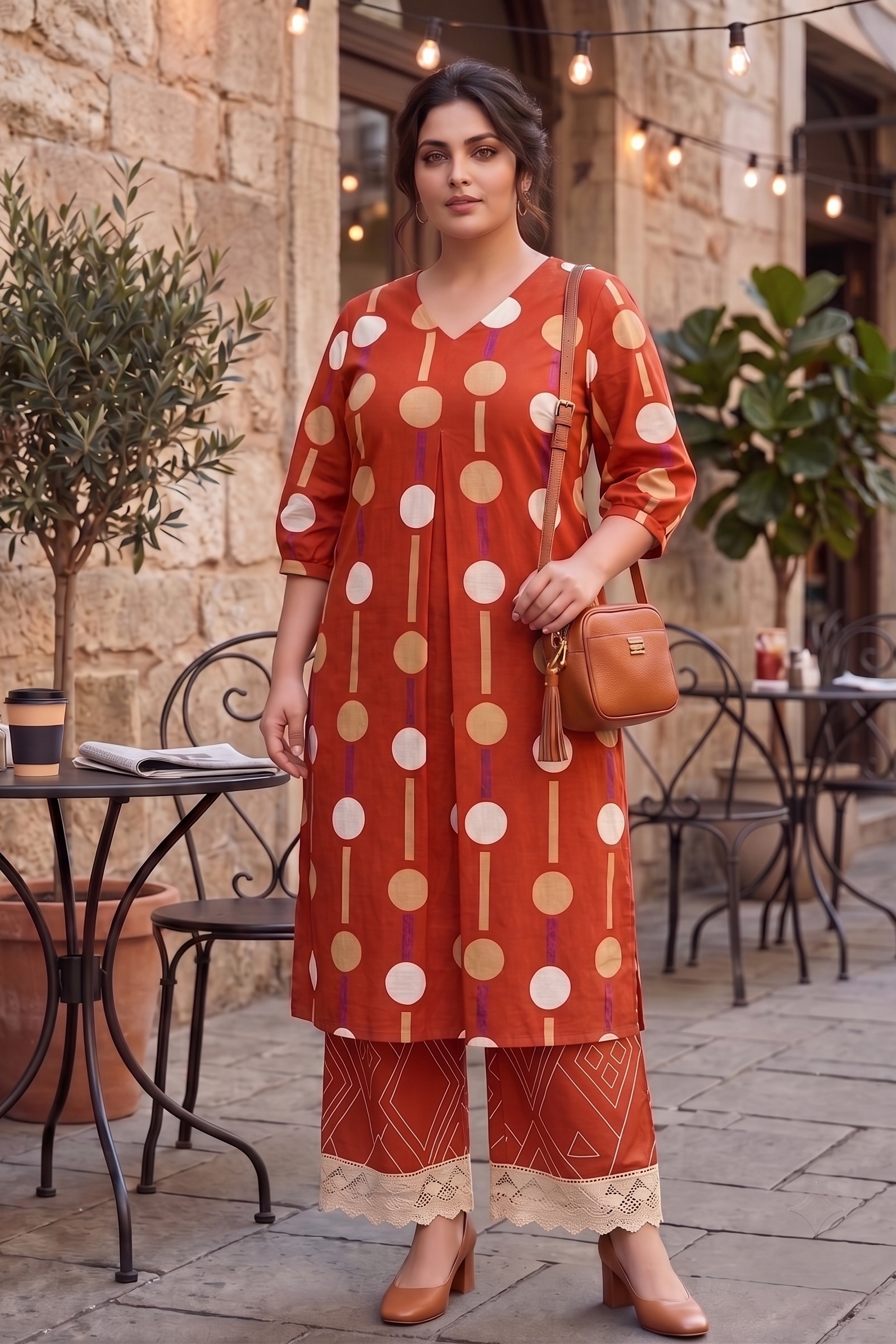 Plus Size Rust Cotton Co-ord Set for Women | Printed Kurta with Lace Palazzo