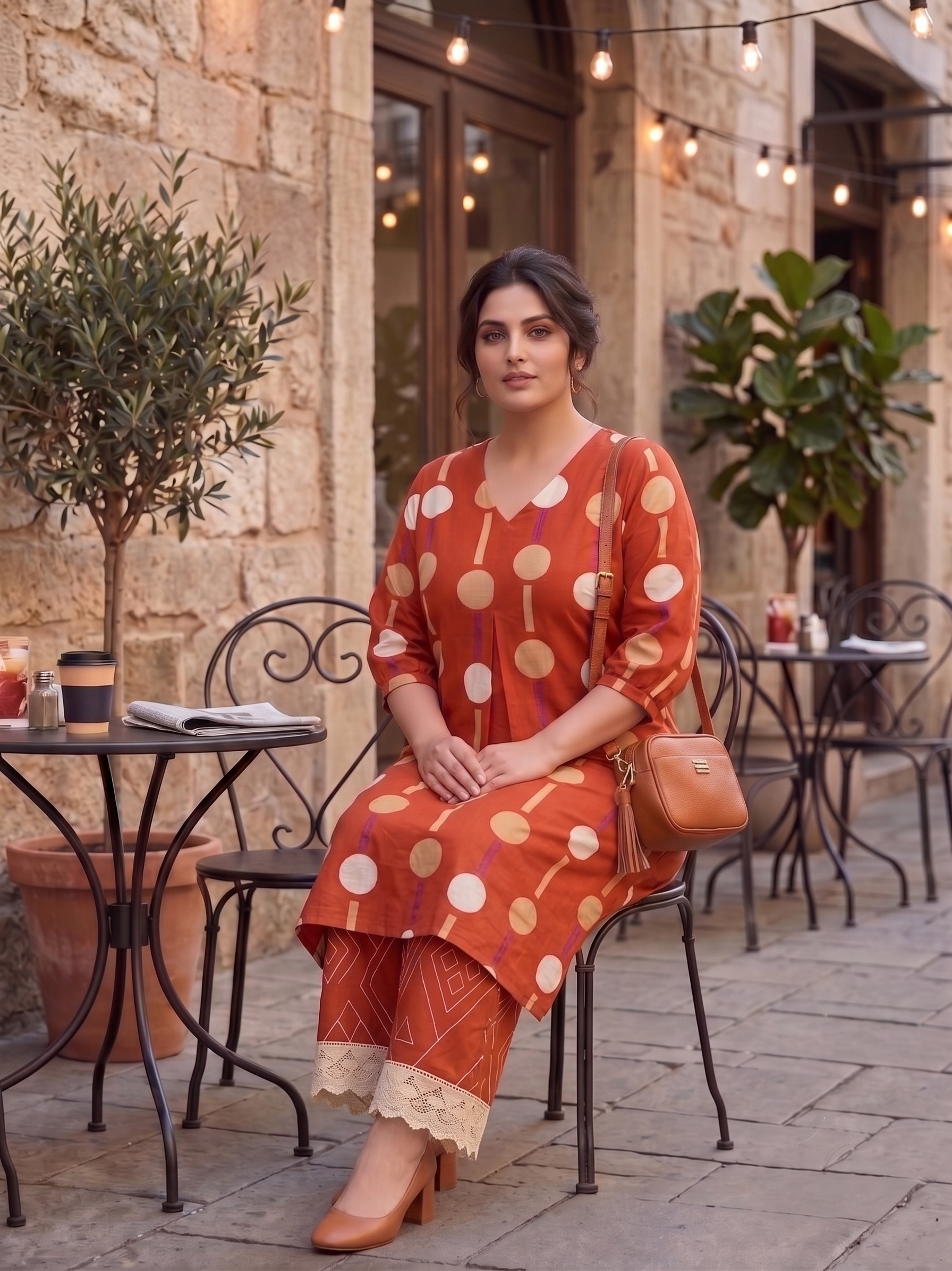 Plus Size Rust Cotton Co-ord Set for Women | Printed Kurta with Lace Palazzo