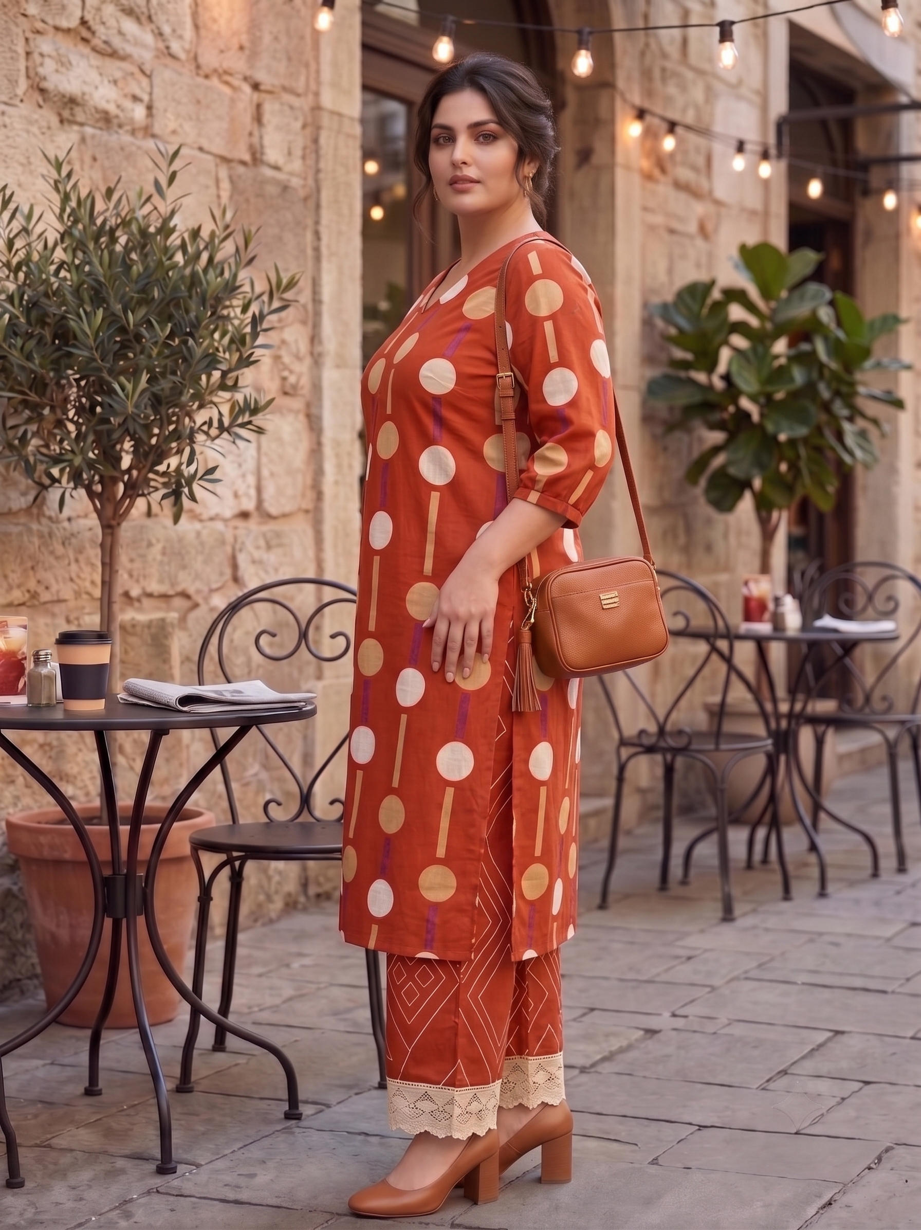 Plus Size Rust Cotton Co-ord Set for Women | Printed Kurta with Lace Palazzo