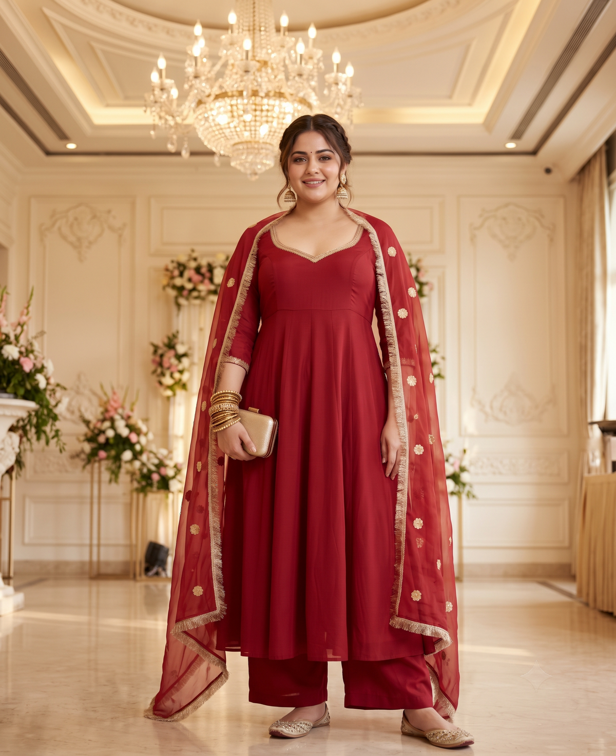Plus Size Maroon Cotton Anarkali Kurta Suit Set with Gotta Patti(set of 3)