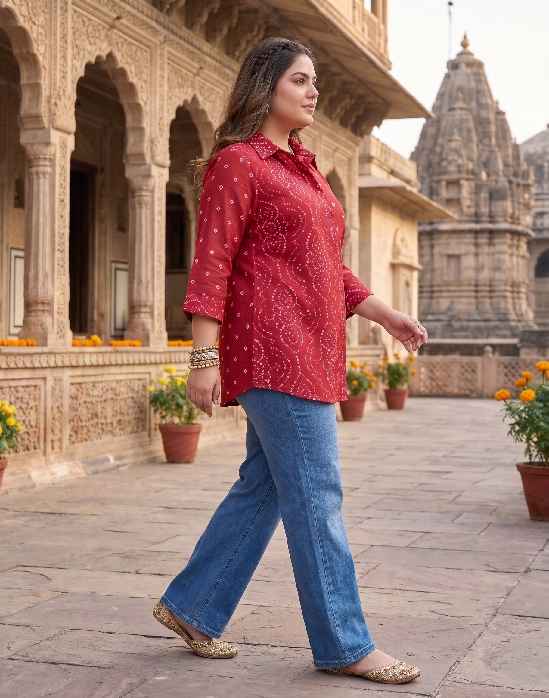 Plus Size Red Bandhani Printed Cotton Shirt for Women | Collared Button-Down Casual Shirt