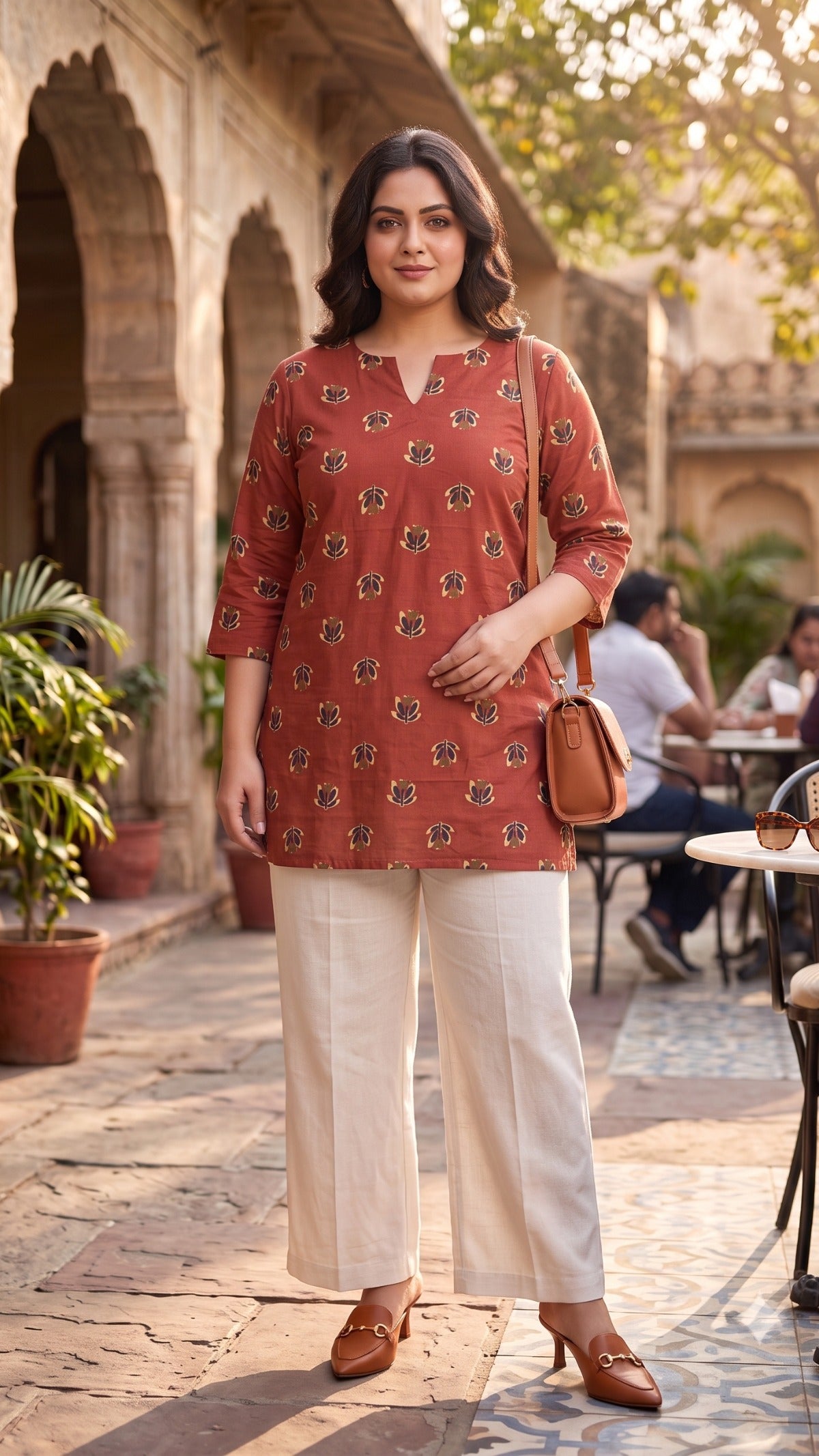 Plus Size Rust Printed Cotton Top for Women | Casual Straight Kurti Top