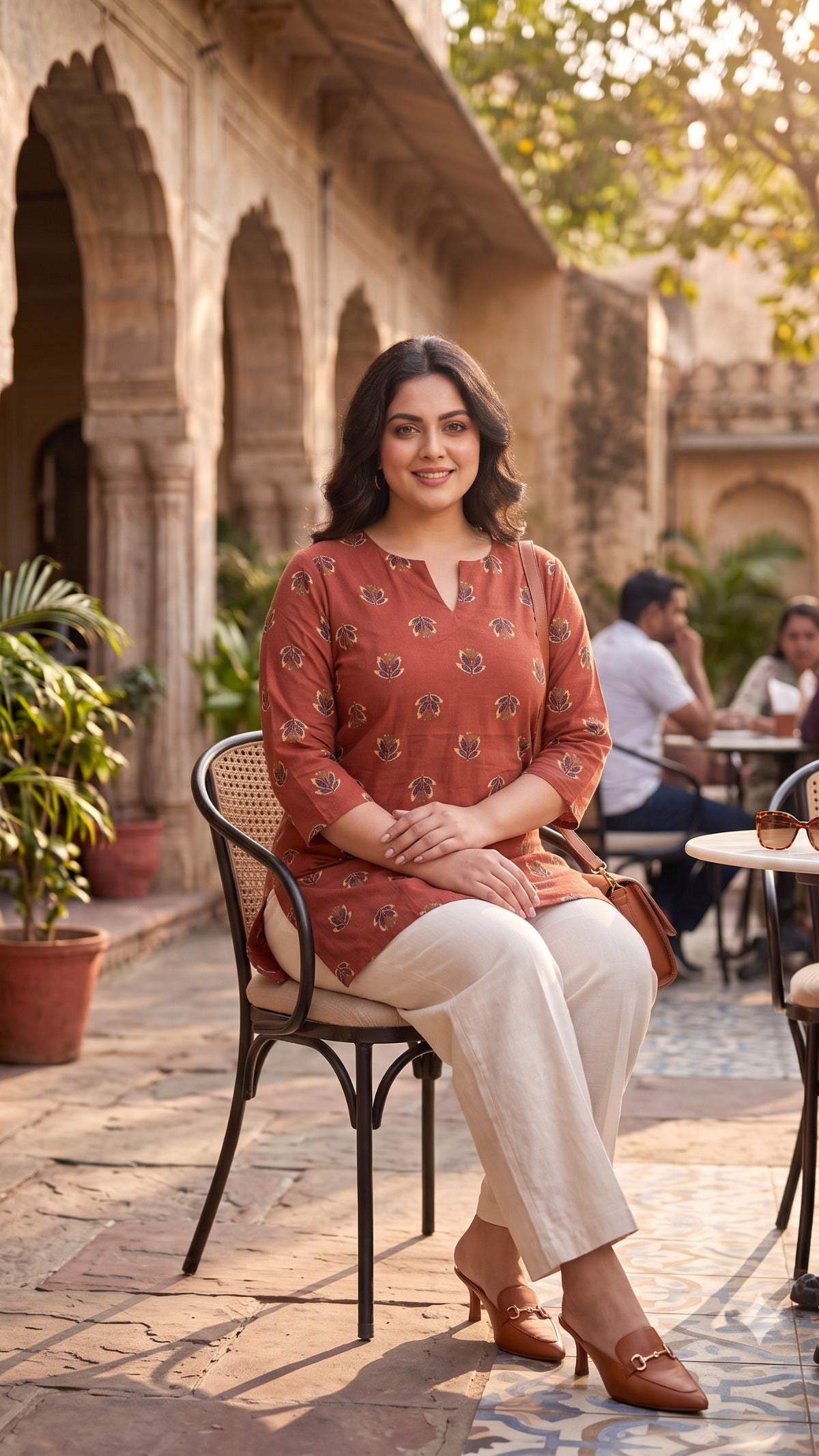 Plus Size Rust Printed Cotton Top for Women | Casual Straight Kurti Top