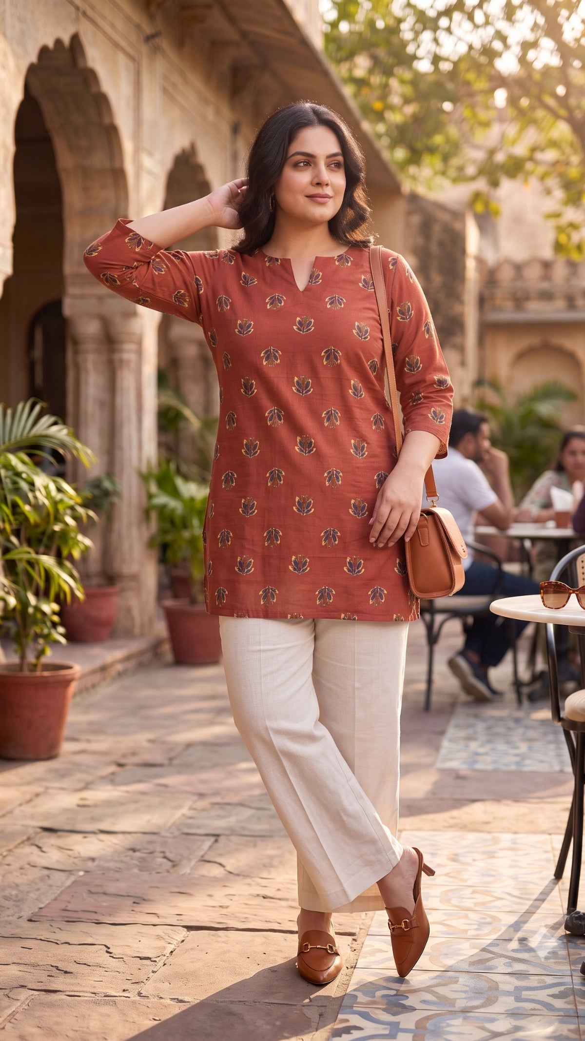 Plus Size Rust Printed Cotton Top for Women | Casual Straight Kurti Top
