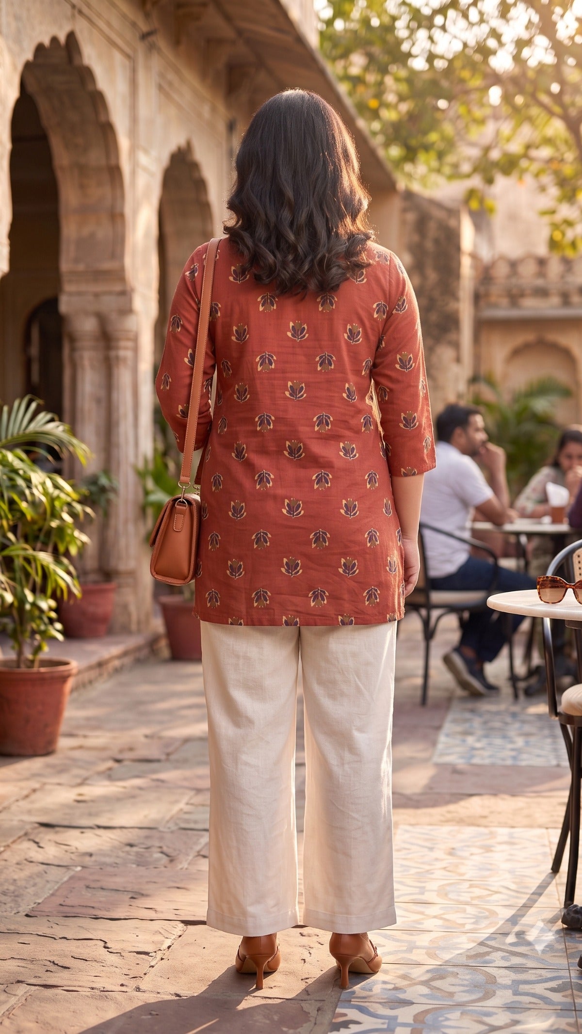 Plus Size Rust Printed Cotton Top for Women | Casual Straight Kurti Top