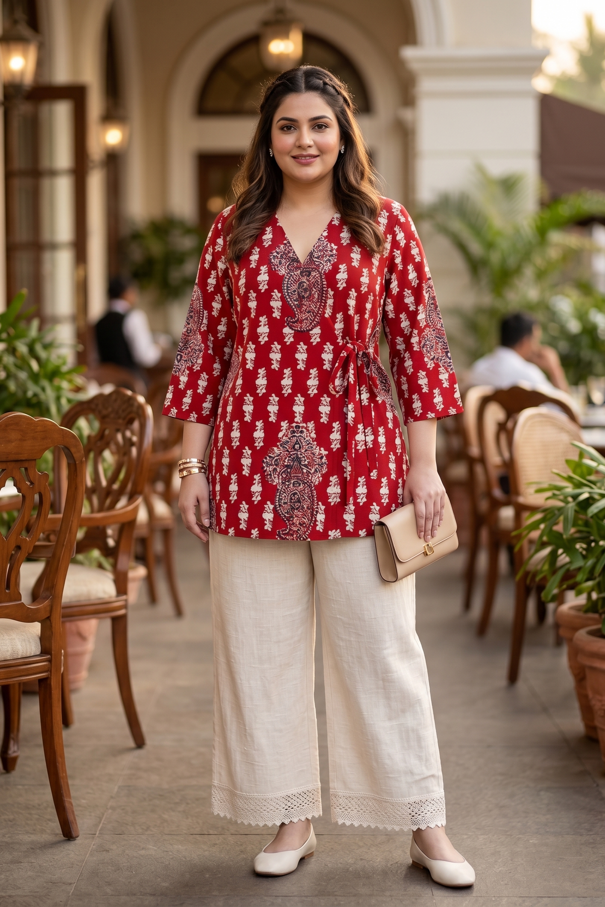 Plus Size Red Printed Cotton Tunic – Tie Waist Relaxed Fit