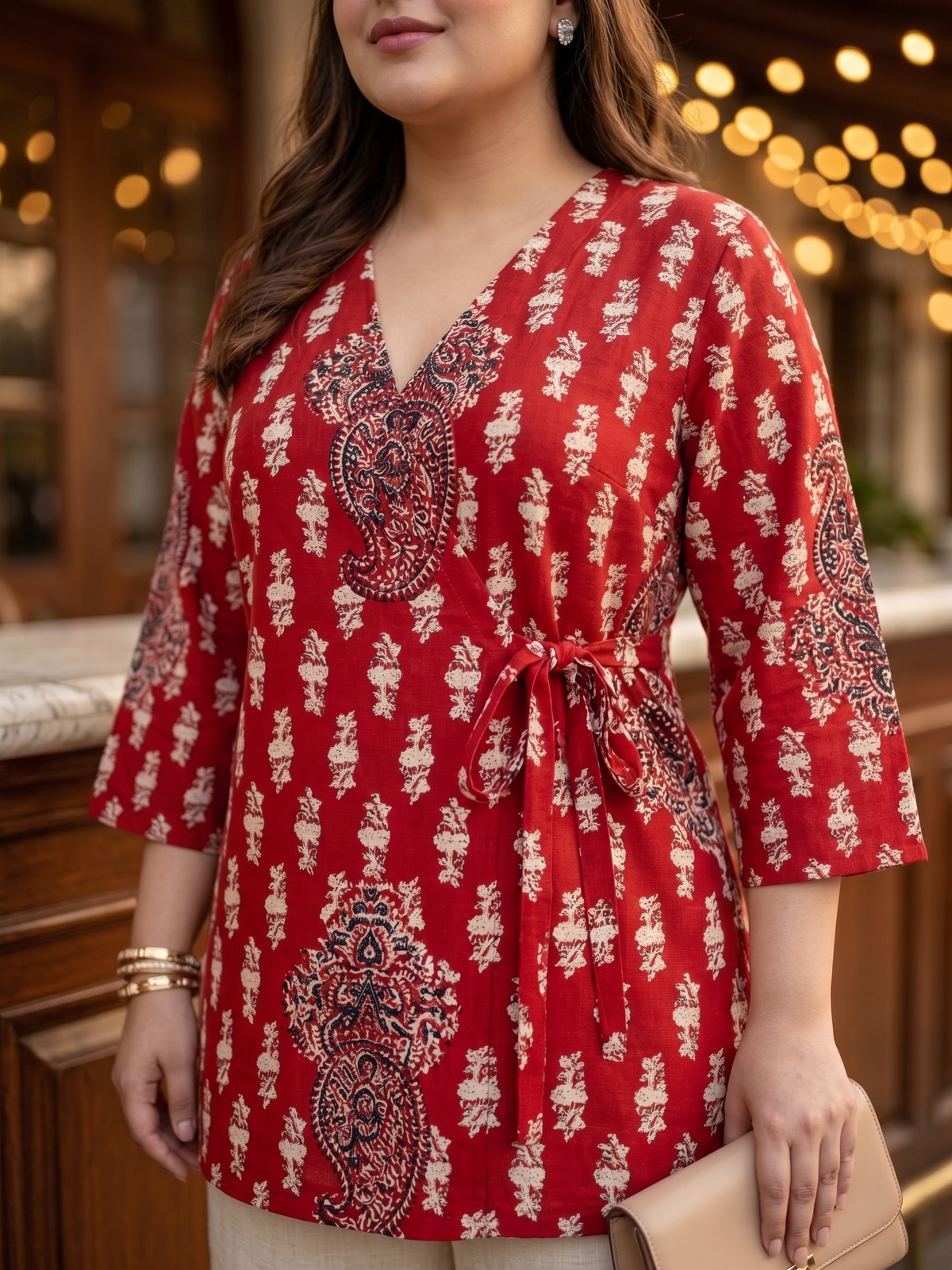 Plus Size Red Printed Cotton Tunic – Tie Waist Relaxed Fit