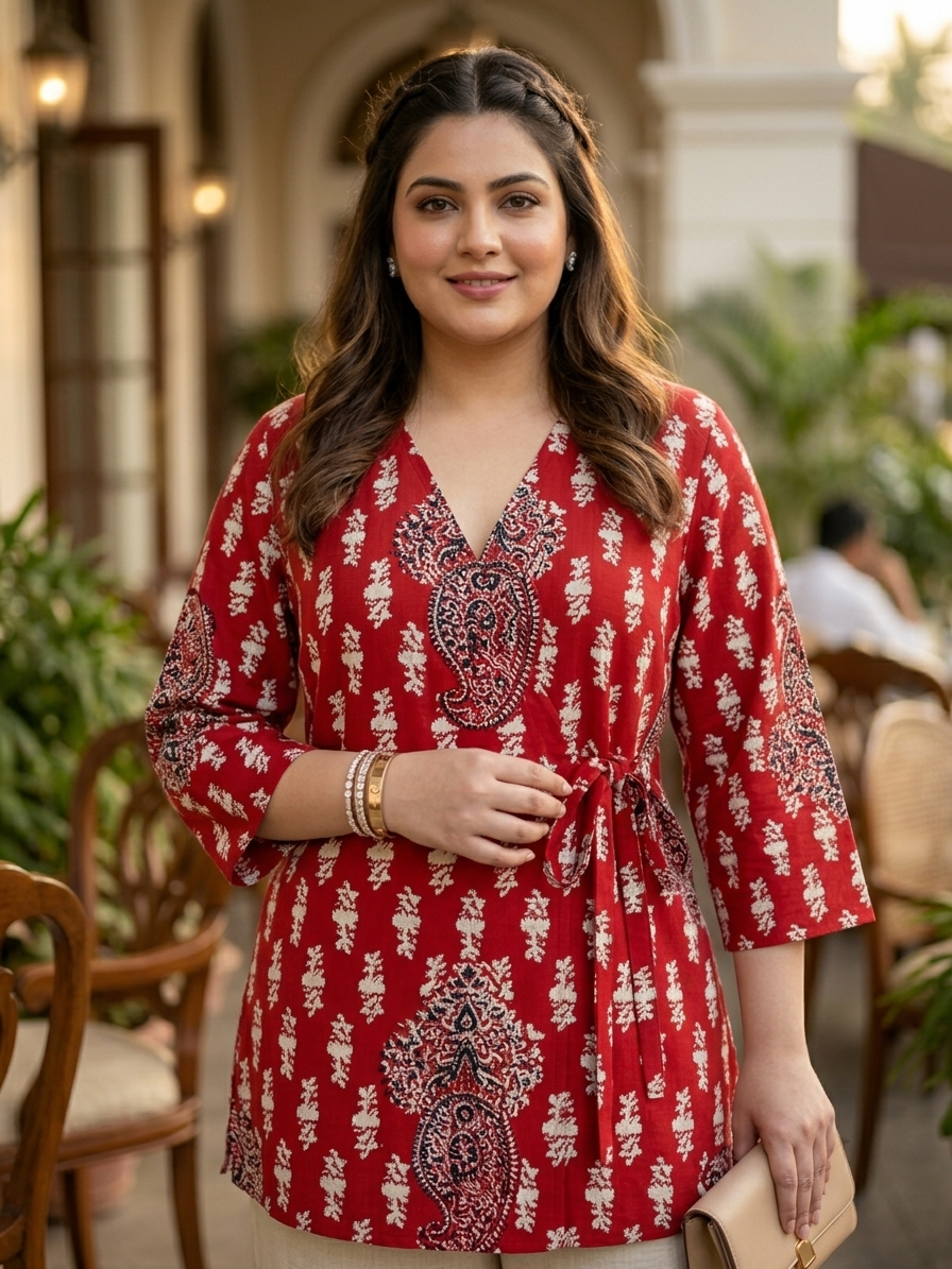 Plus Size Red Printed Cotton Tunic – Tie Waist Relaxed Fit