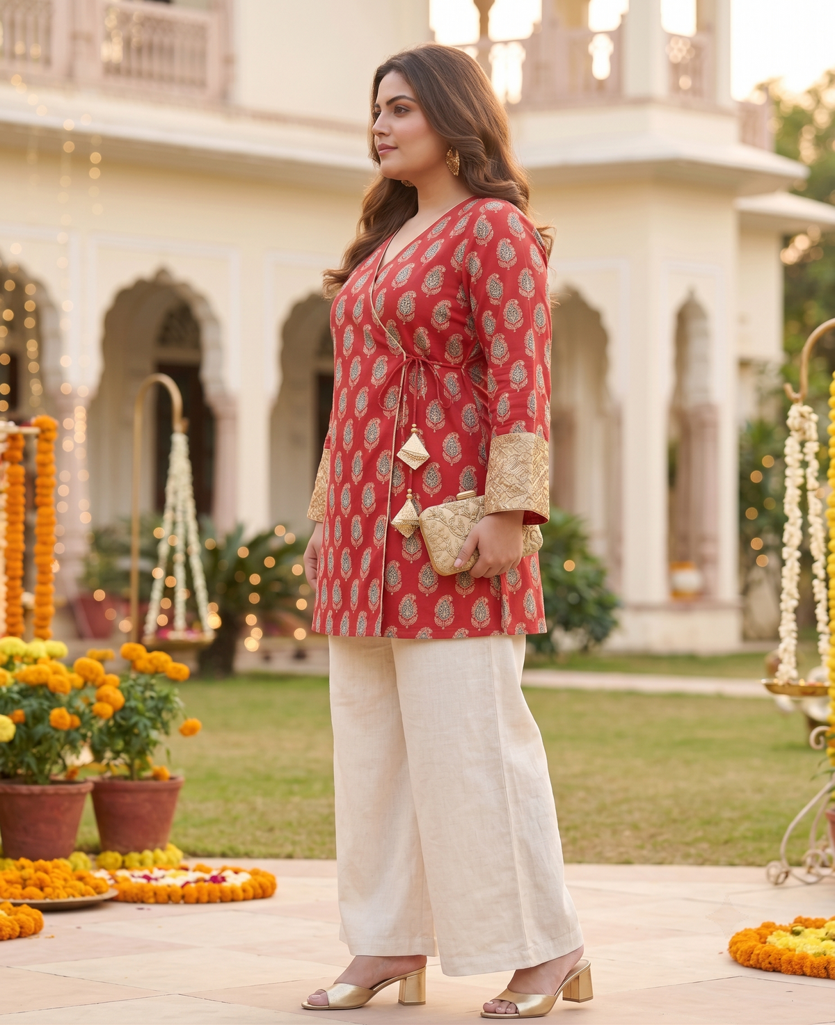 Plus Size 100% Cotton Printed Tunic Top – Red Wrap-Style Tunic