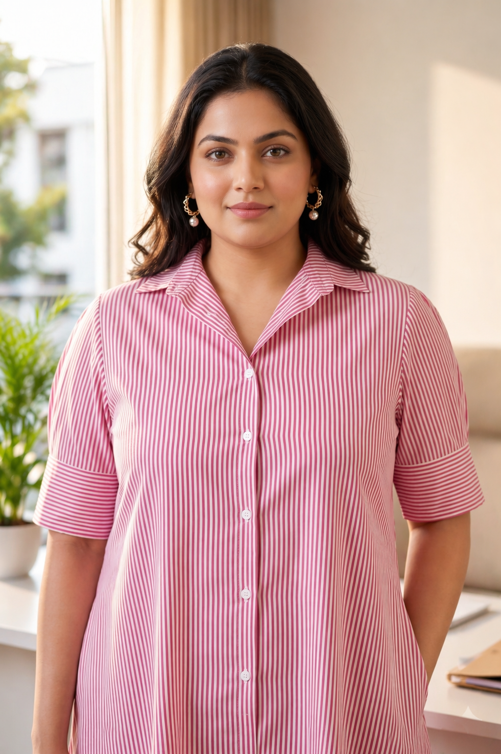 Tailored Red Striped Shirt Dress