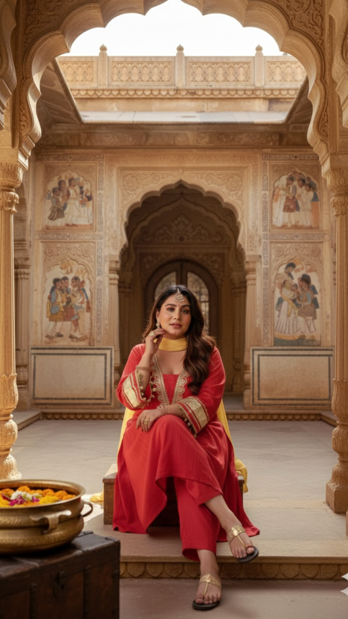 Regal Rust Red Kurta Set with Gota Detailing