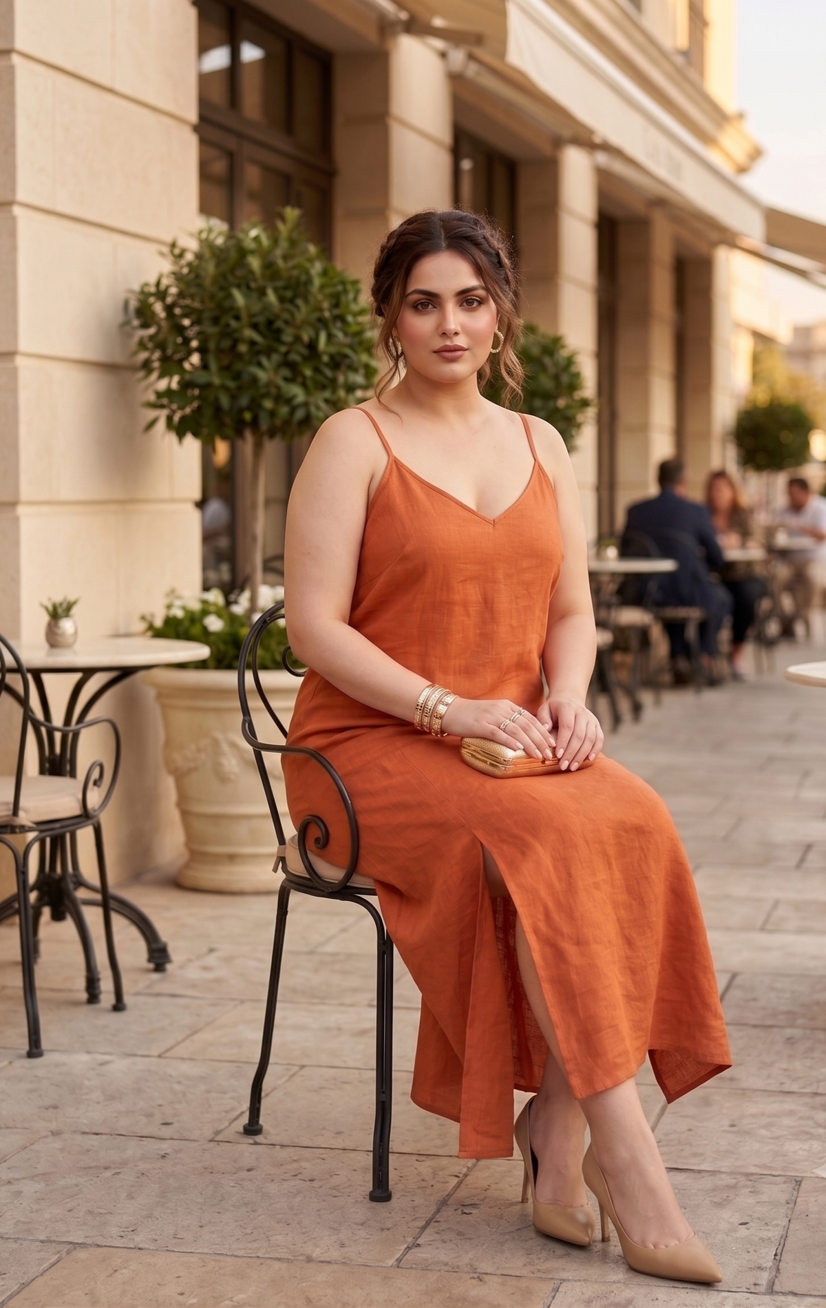 Plus Size Orange Cotton Linen Dress for Women | V-Neck Spaghetti Strap Midi Dress