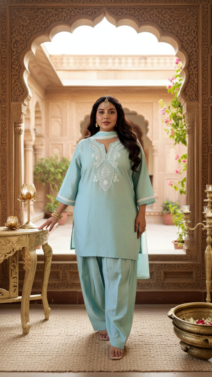 Powder Blue Roman Silk Kurta Set with Farshi Salwar