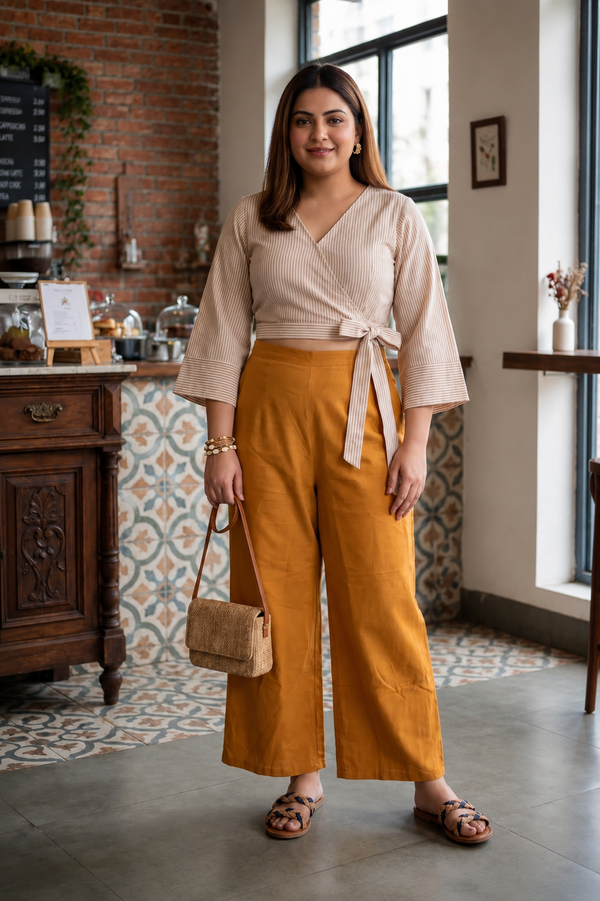 Beige Stripe Cotton Wrap Crop Top & Mustard Wide Leg Pants Co-ord Set