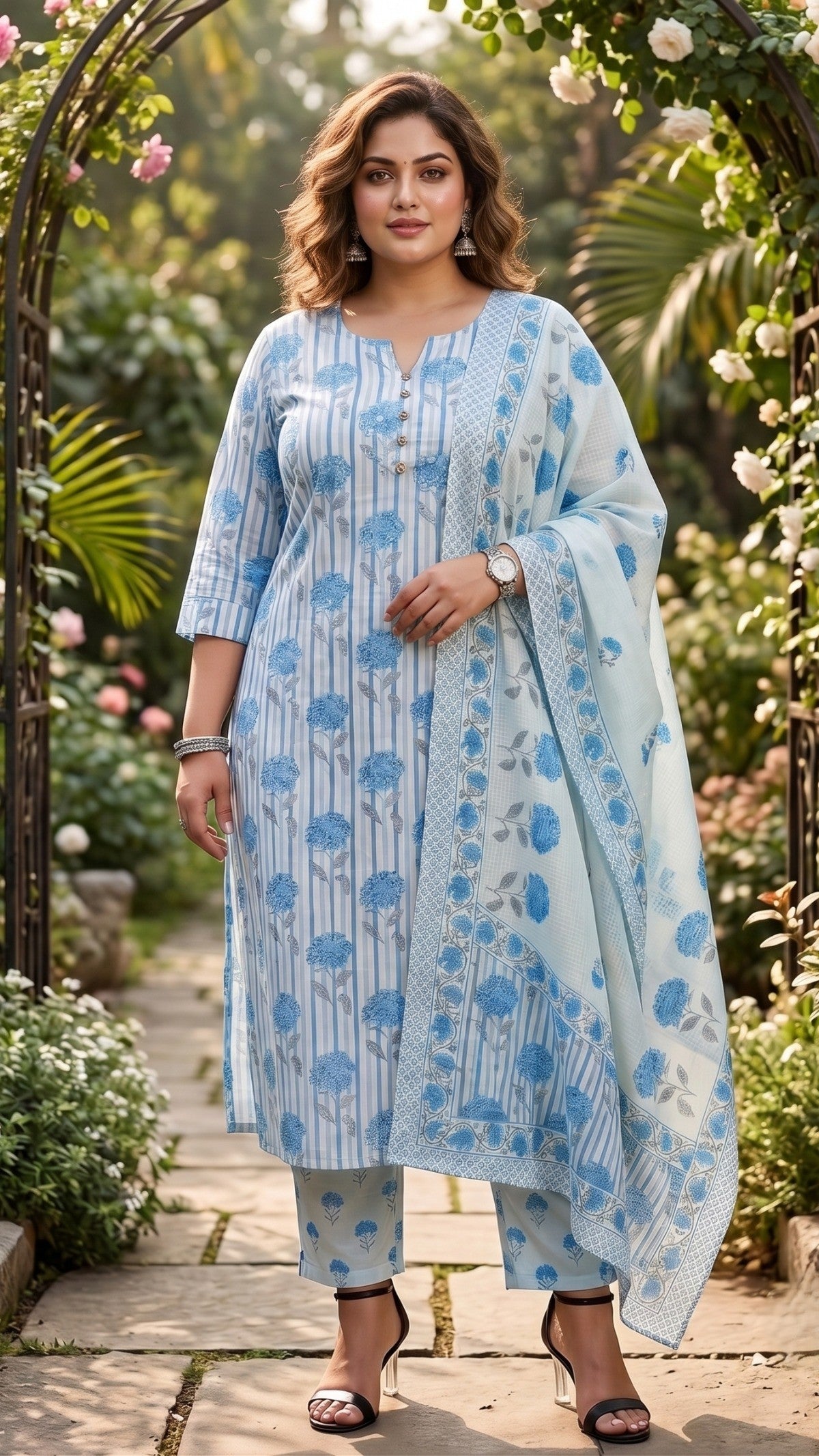 Plus Size Sky Blue Cotton Printed Kurta Set with Dupatta