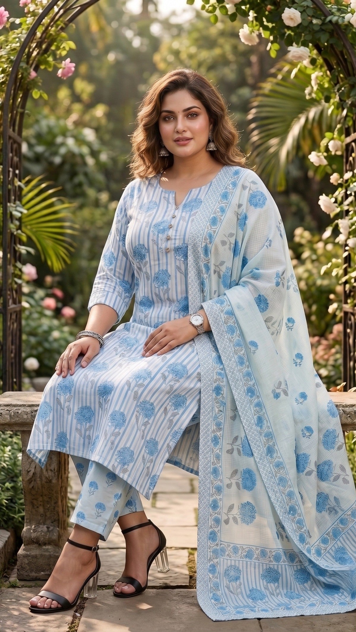 Plus Size Sky Blue Cotton Printed Kurta Set with Dupatta