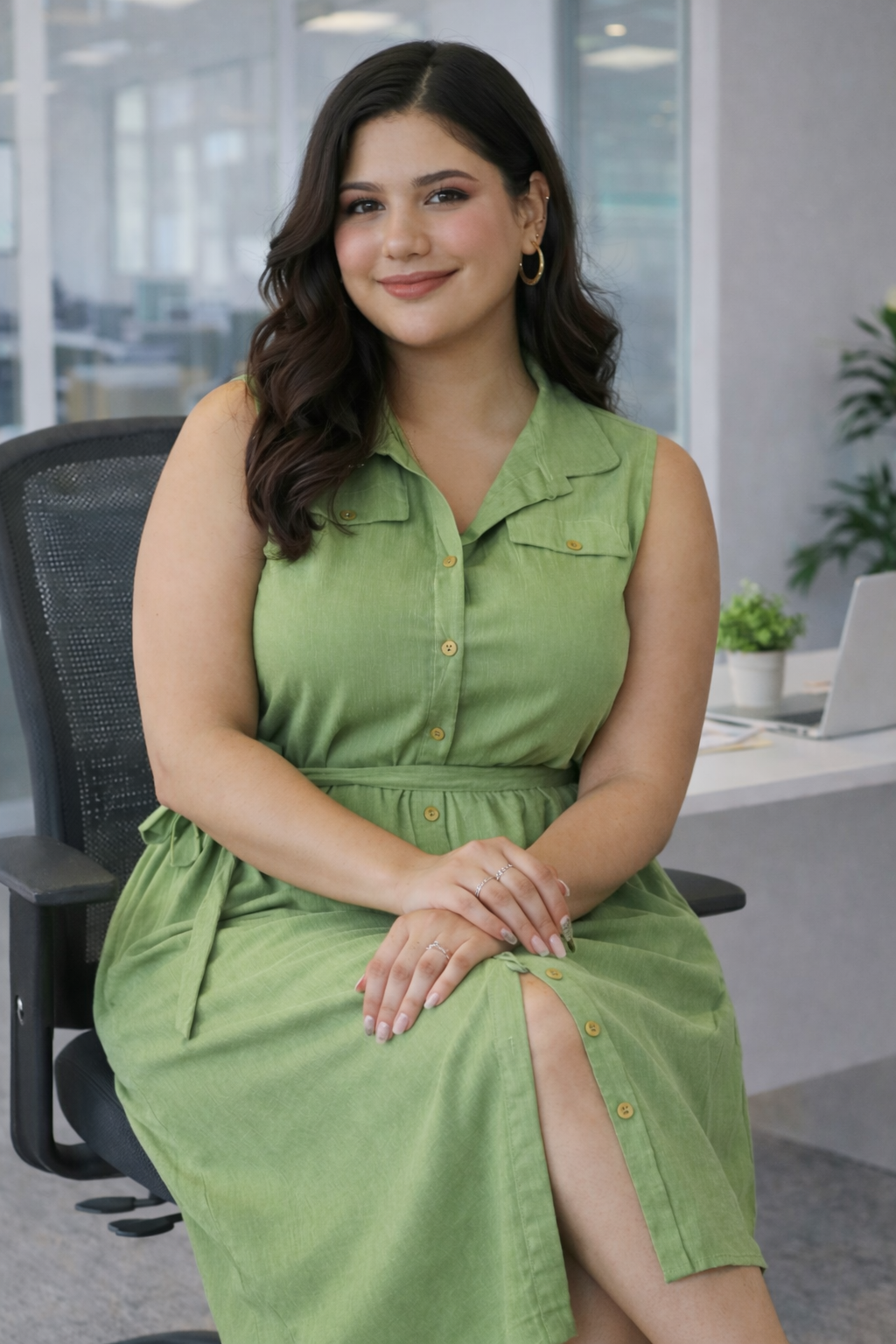 Soft Olive Green Linen Belted Shirt Dress