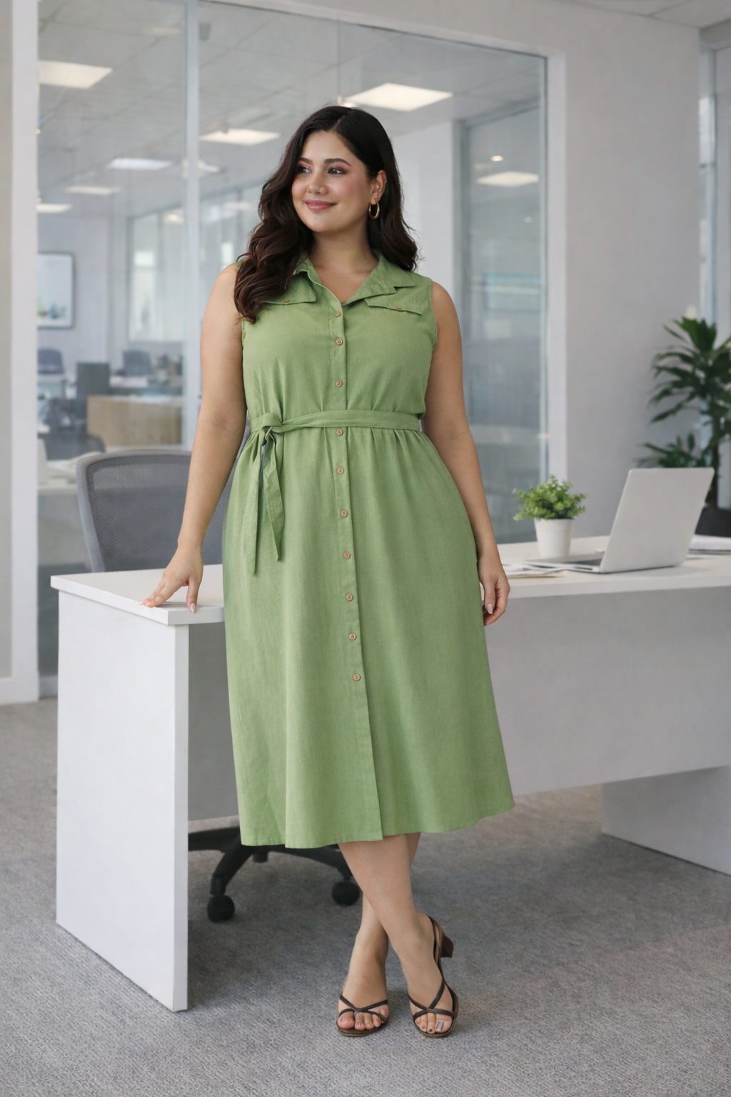 Soft Olive Green Linen Belted Shirt Dress