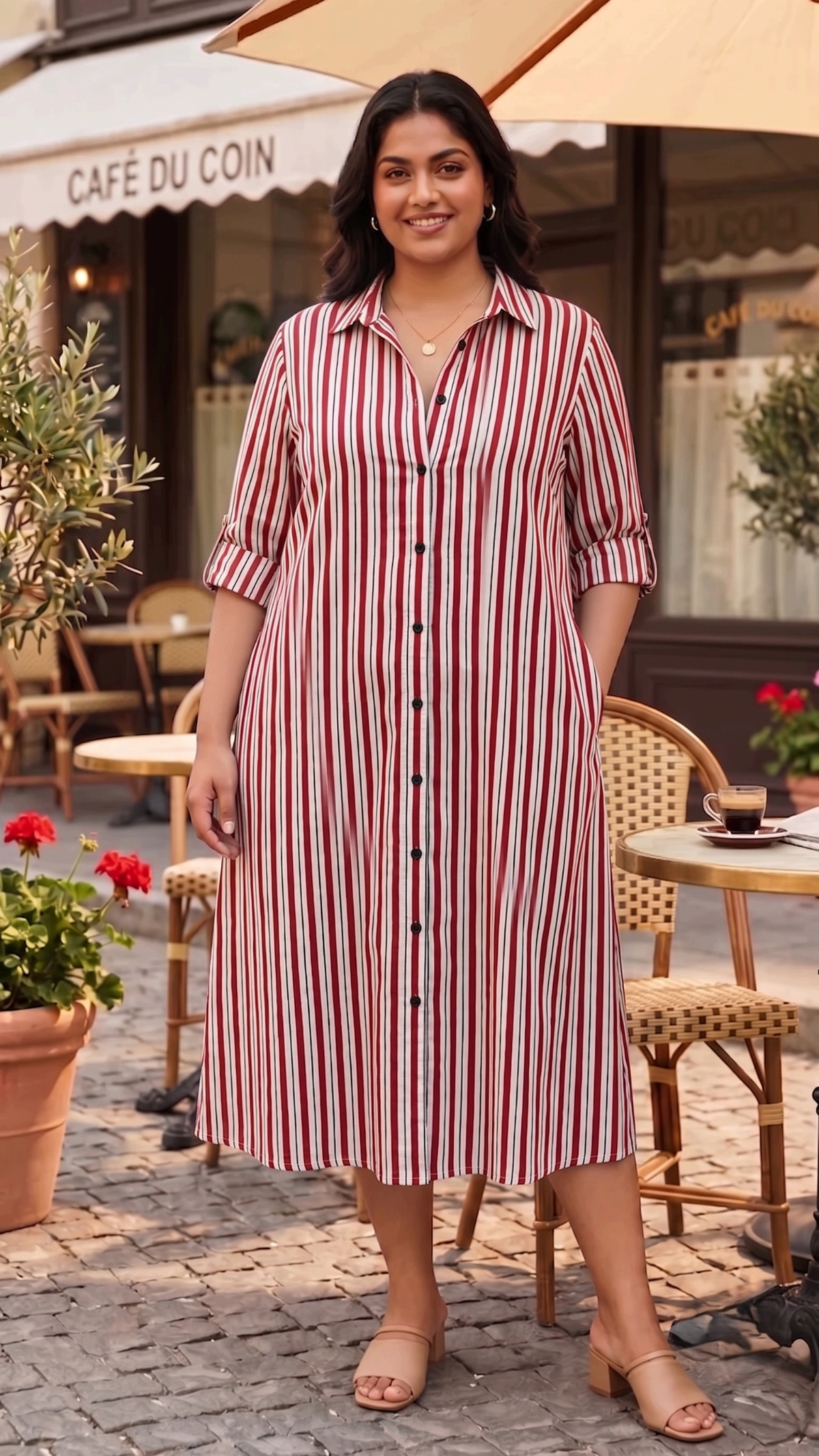 Plus Size Red & White Striped Cotton Shirt Dress for Women