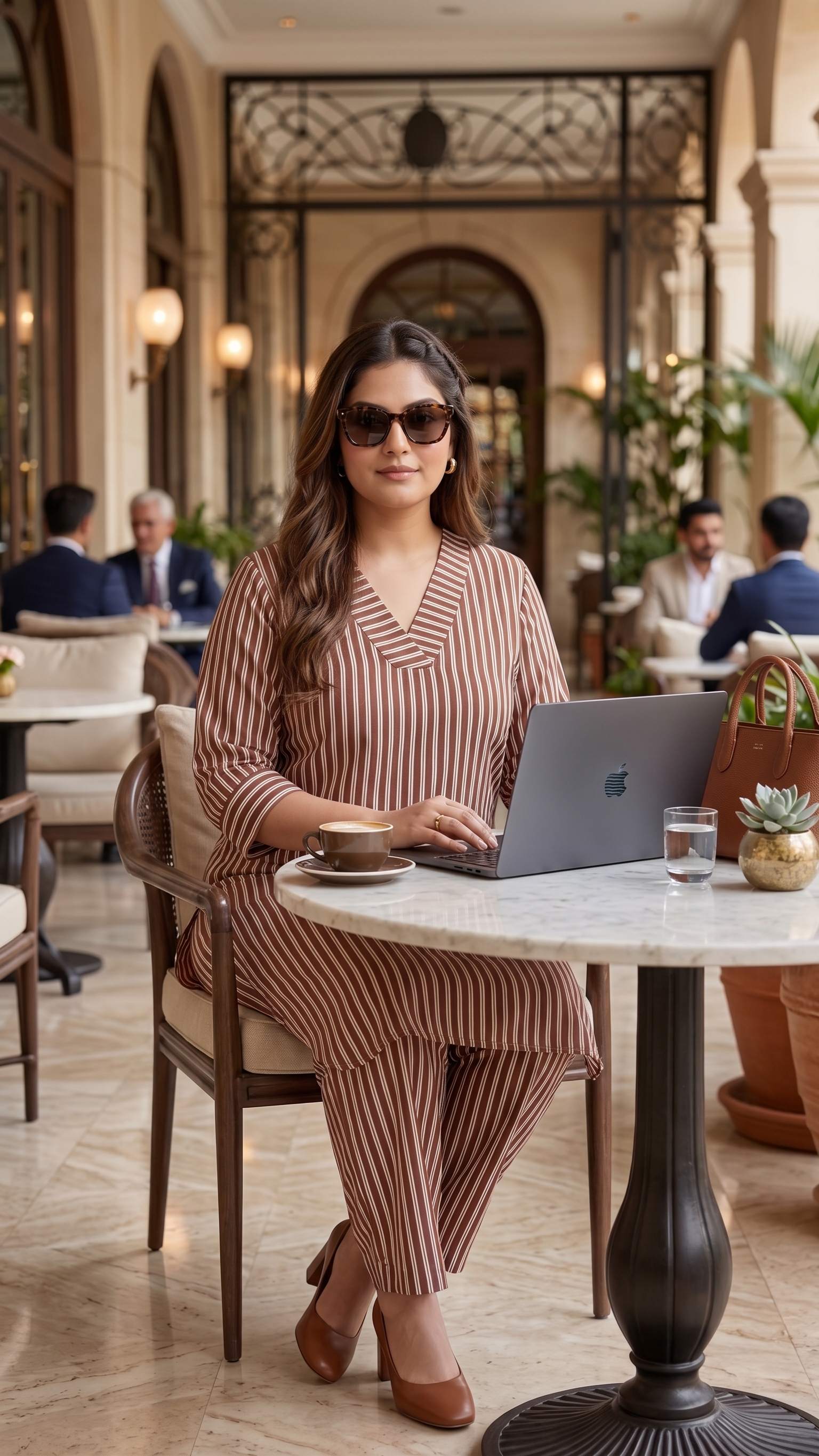 Plus Size Brown Striped Cotton Co-Ord Set for Women | V-Neck Kurta & Pants Set
