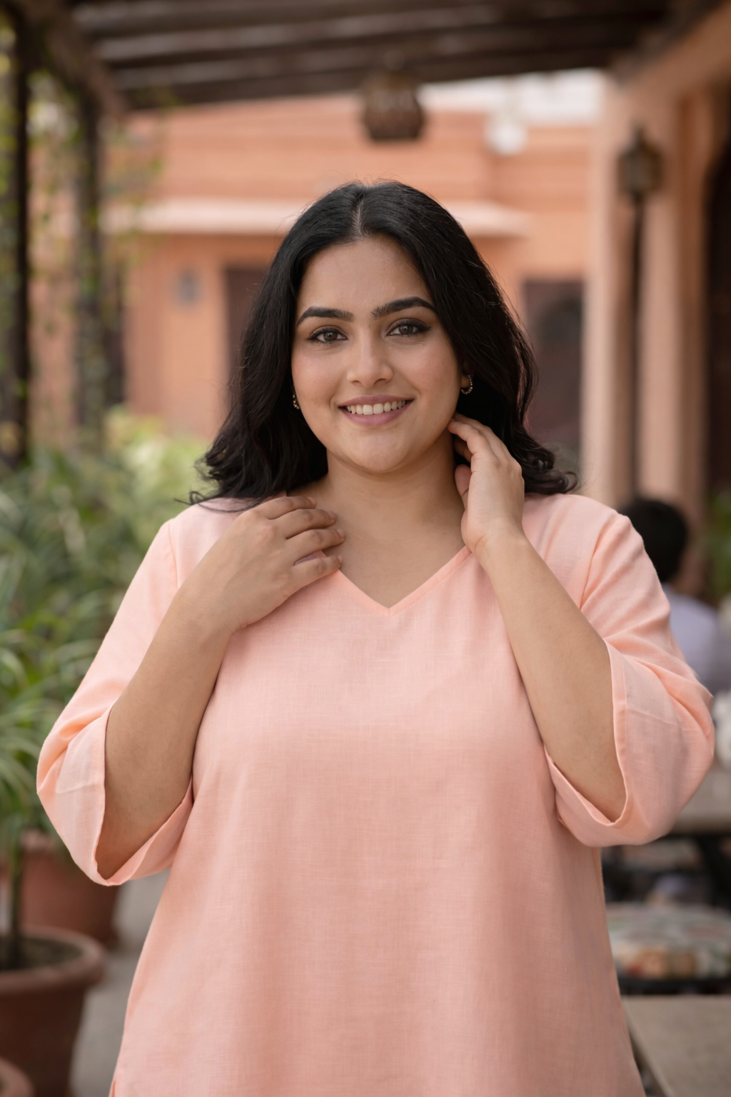Coral Peach Linen Relaxed Fit Top