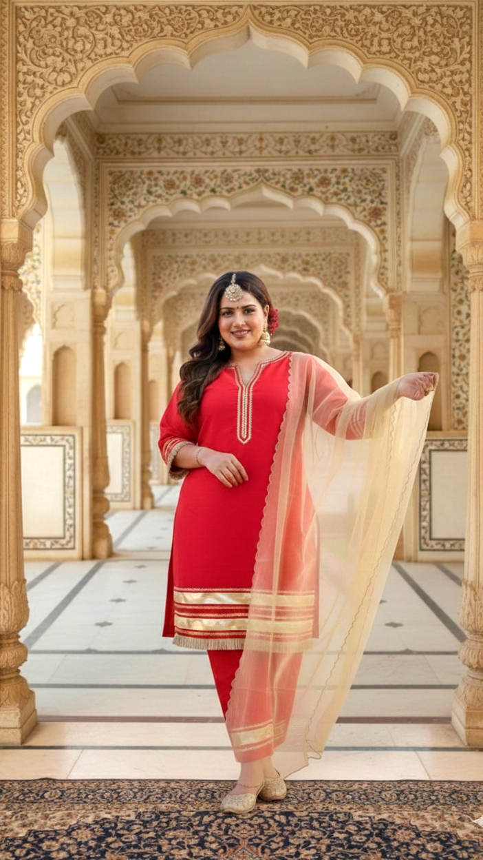 Crimson Red Taffeta Kurta Set with Gota Patti