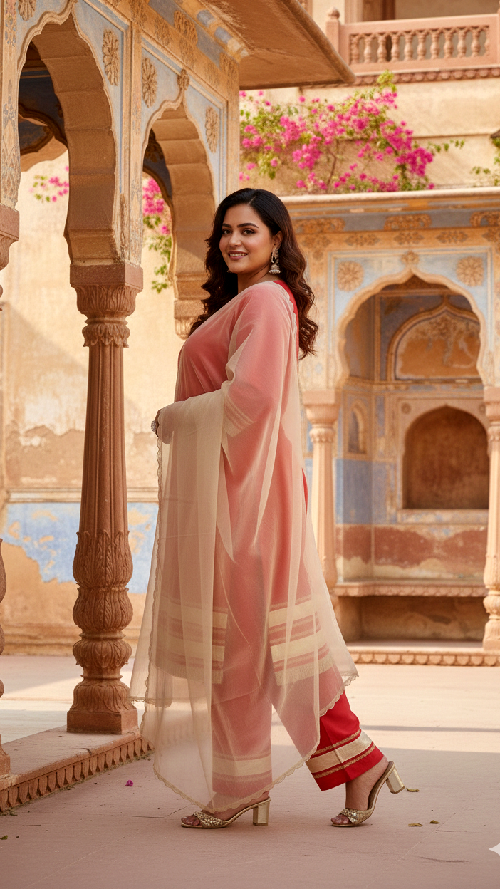 Crimson Red Taffeta Kurta Set with Gota Patti