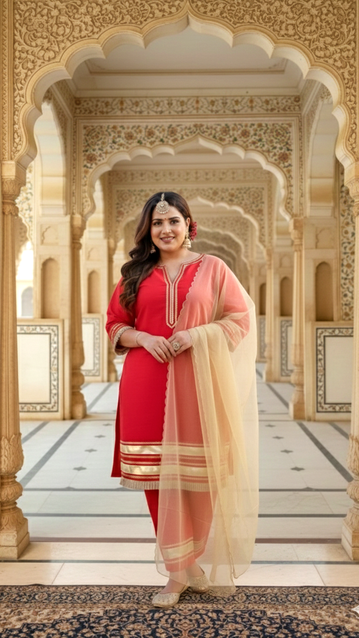 Crimson Red Taffeta Kurta Set with Gota Patti