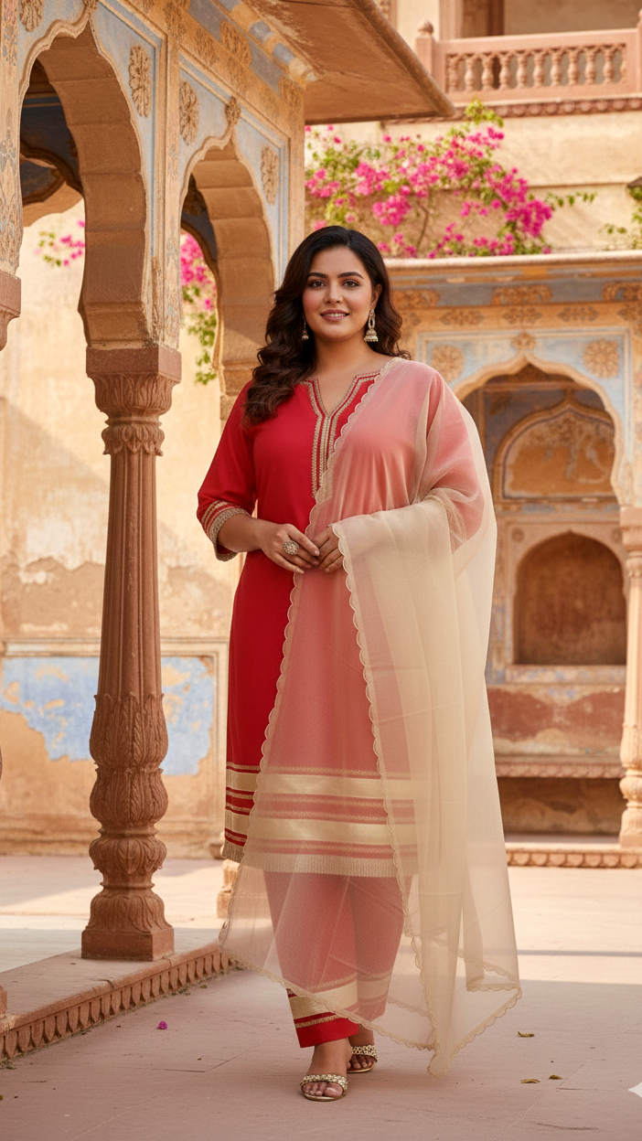 Crimson Red Taffeta Kurta Set with Gota Patti