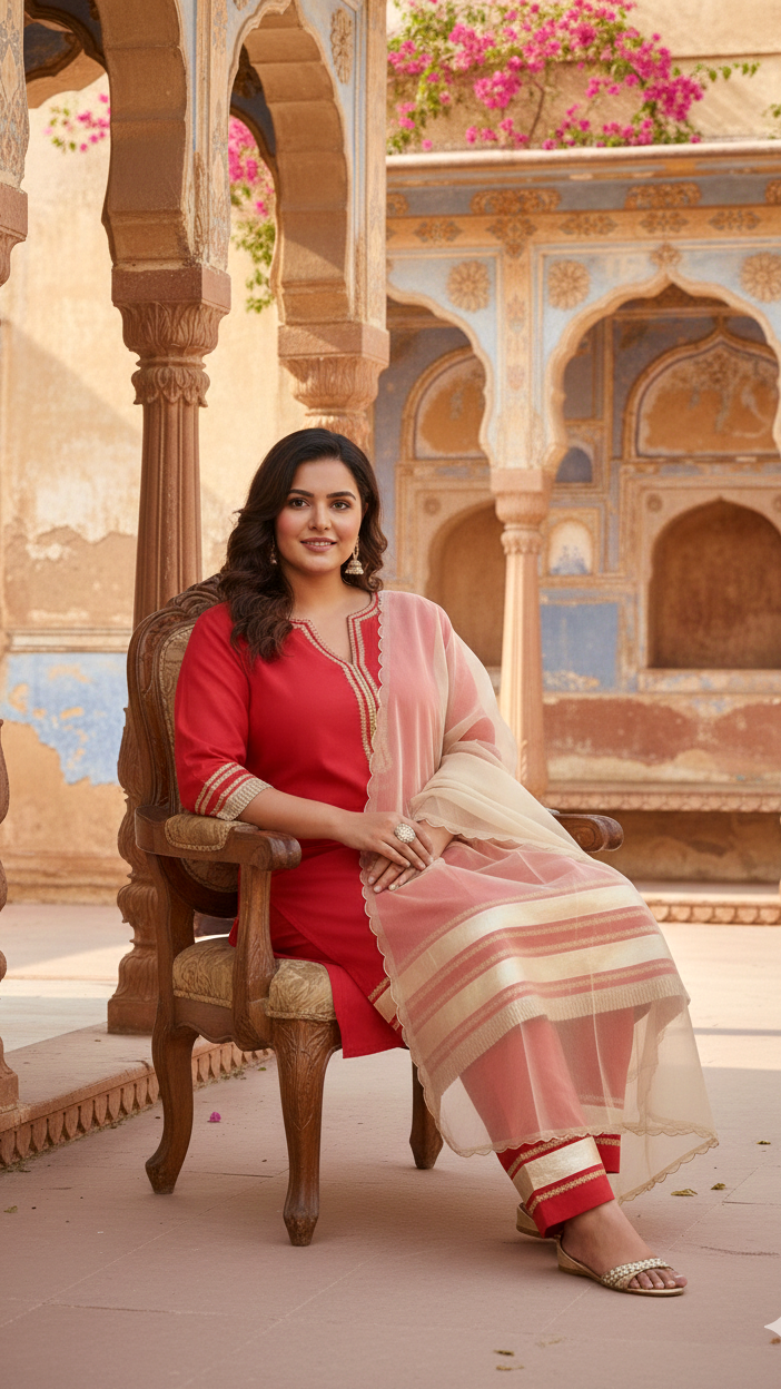 Crimson Red Taffeta Kurta Set with Gota Patti