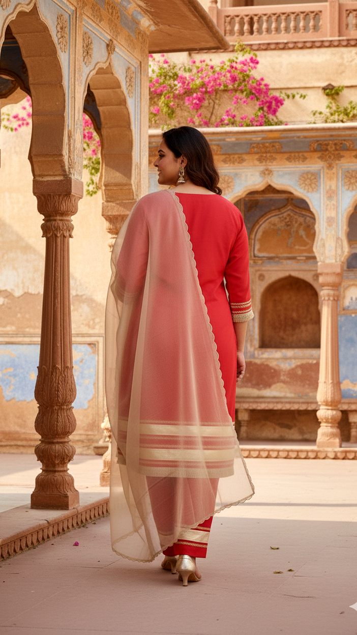 Crimson Red Taffeta Kurta Set with Gota Patti