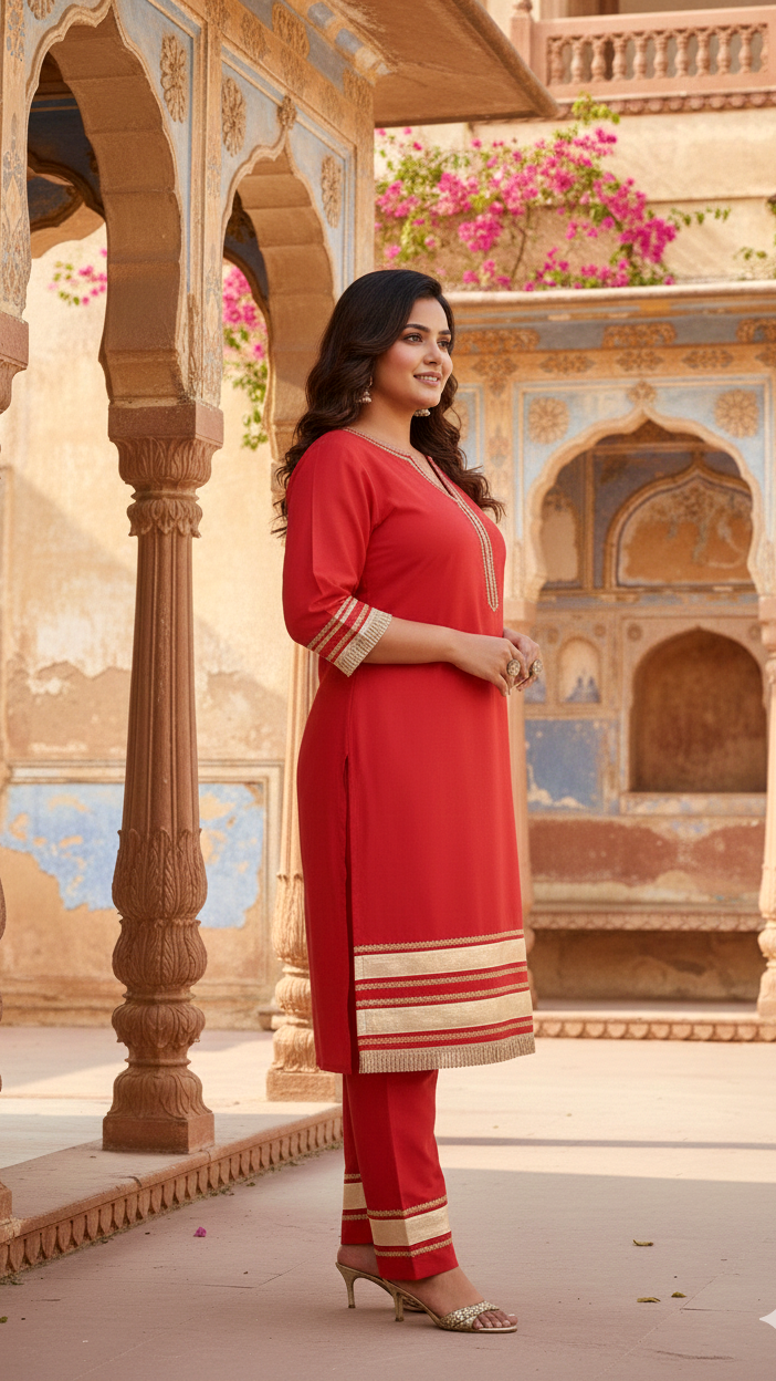 Crimson Red Taffeta Kurta Set with Gota Patti