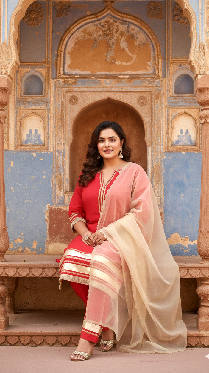 Crimson Red Taffeta Kurta Set with Gota Patti