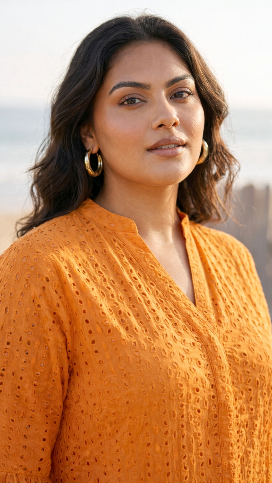 Plus Size Orange Schiffli Cotton Tiered Dress –Summer Casual Midi Dress for Women