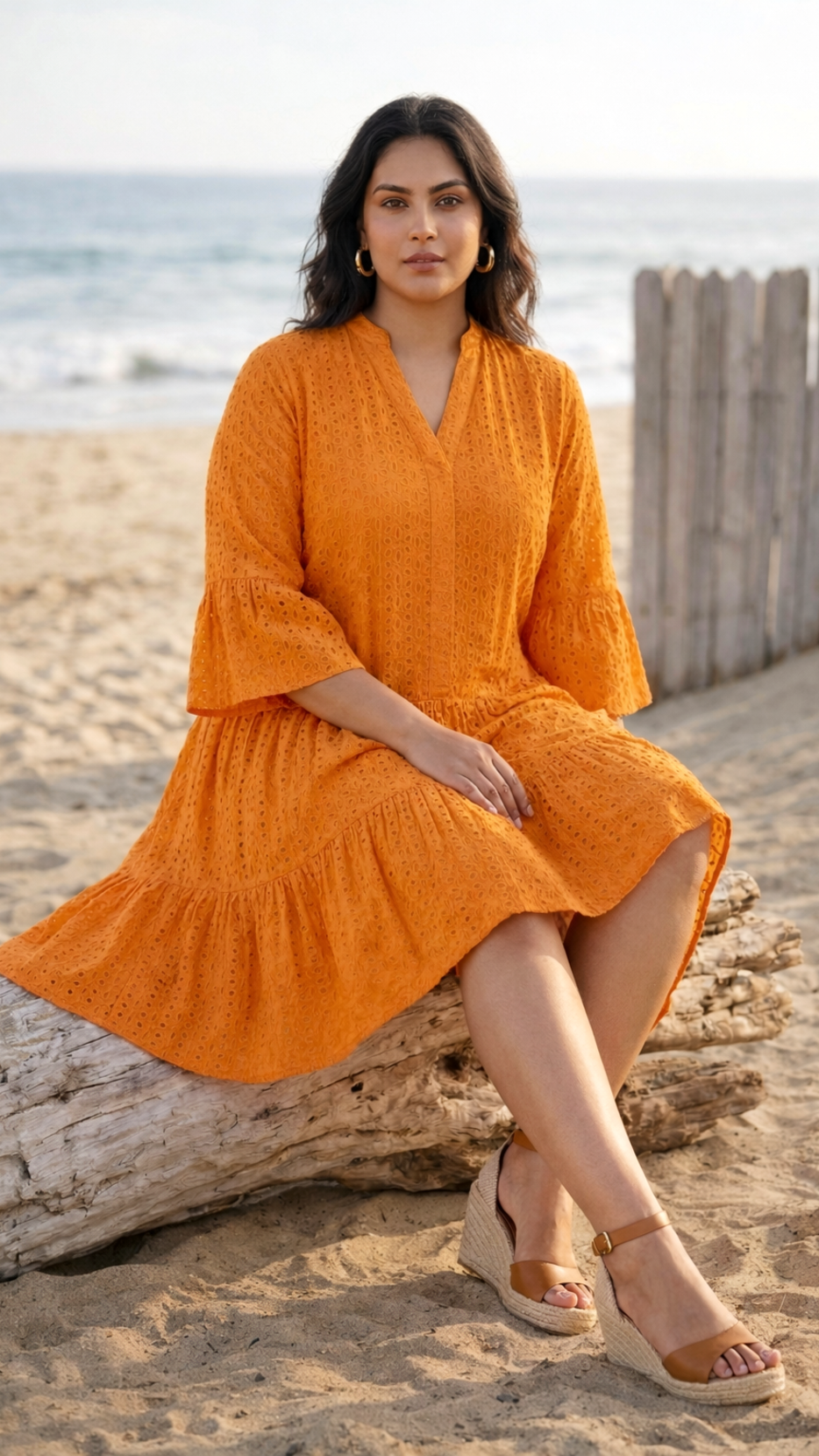 Plus Size Orange Schiffli Cotton Tiered Dress –Summer Casual Midi Dress for Women