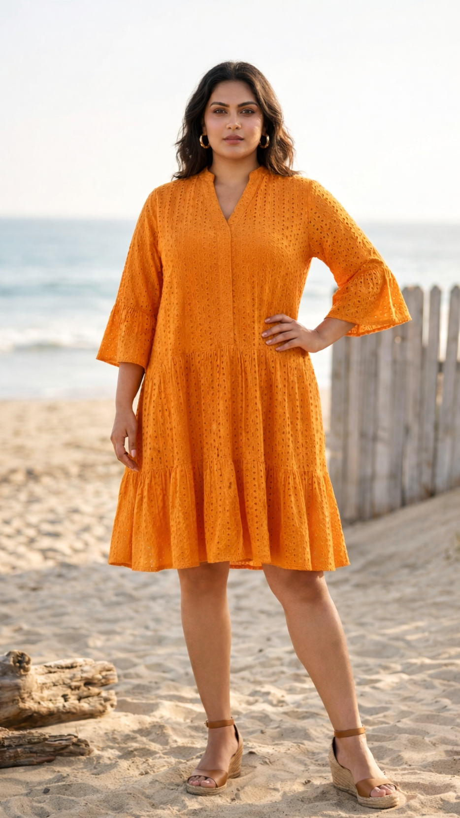 Plus Size Orange Schiffli Cotton Tiered Dress –Summer Casual Midi Dress for Women