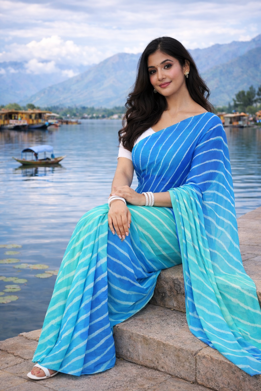 Turquoise Leheriya Ombre Saree Set