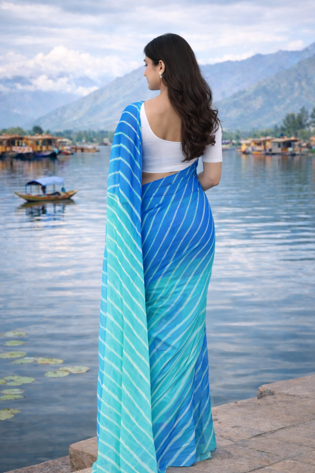 Turquoise Leheriya Ombre Saree Set