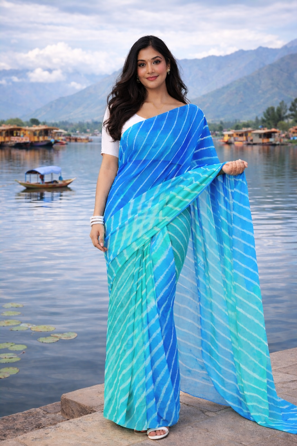 Turquoise Leheriya Ombre Saree Set