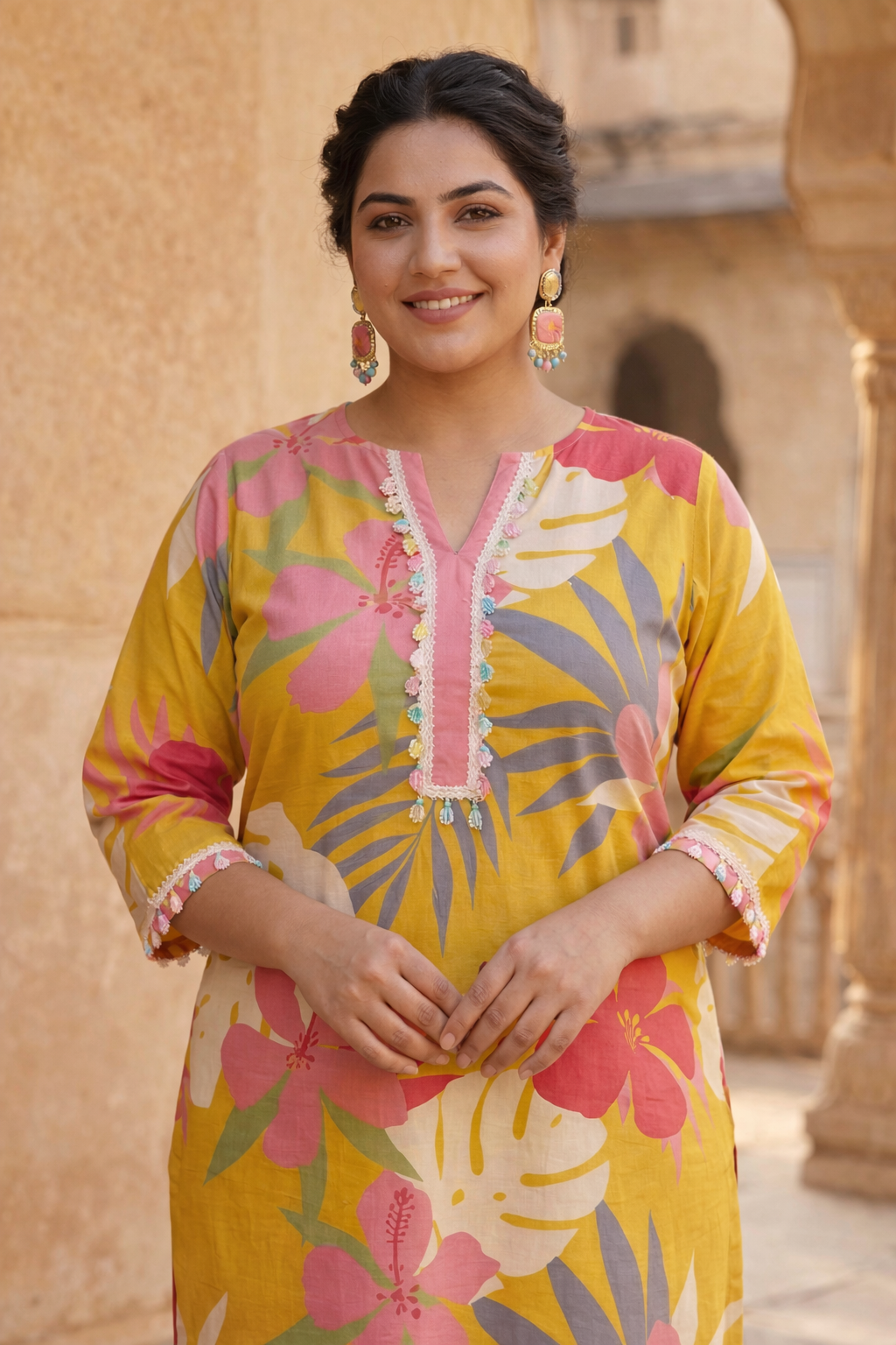 Tropical Bloom Mustard Yellow Cotton Kurta Set