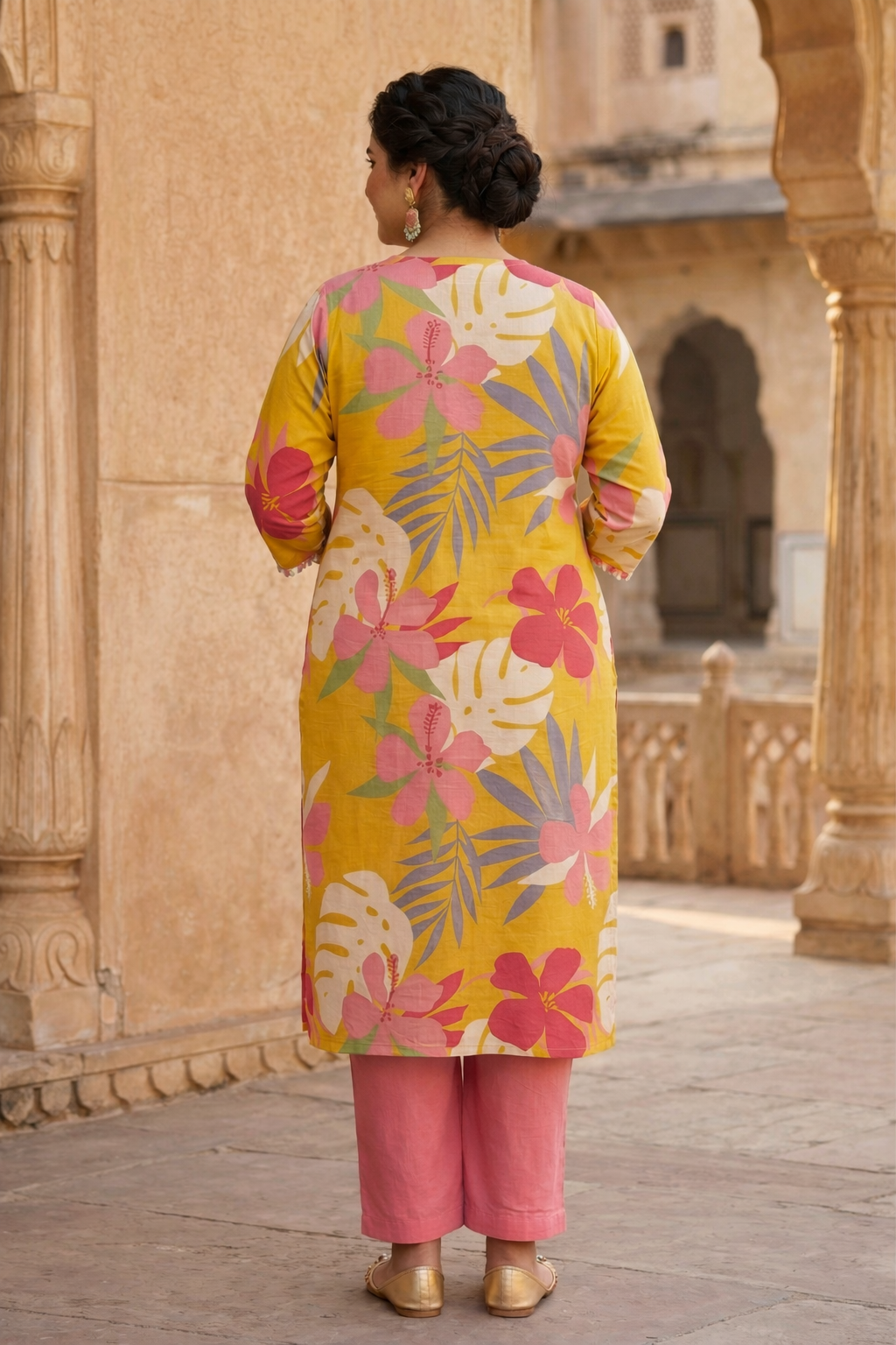 Tropical Bloom Mustard Yellow Cotton Kurta Set