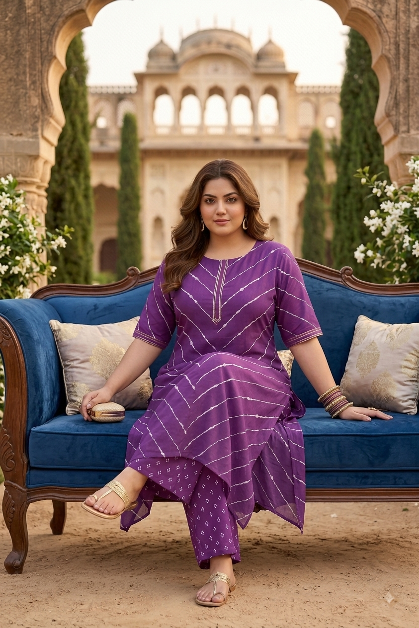 Purple Leheriya Cotton Kurta Palazzo Set ( Set of 2)