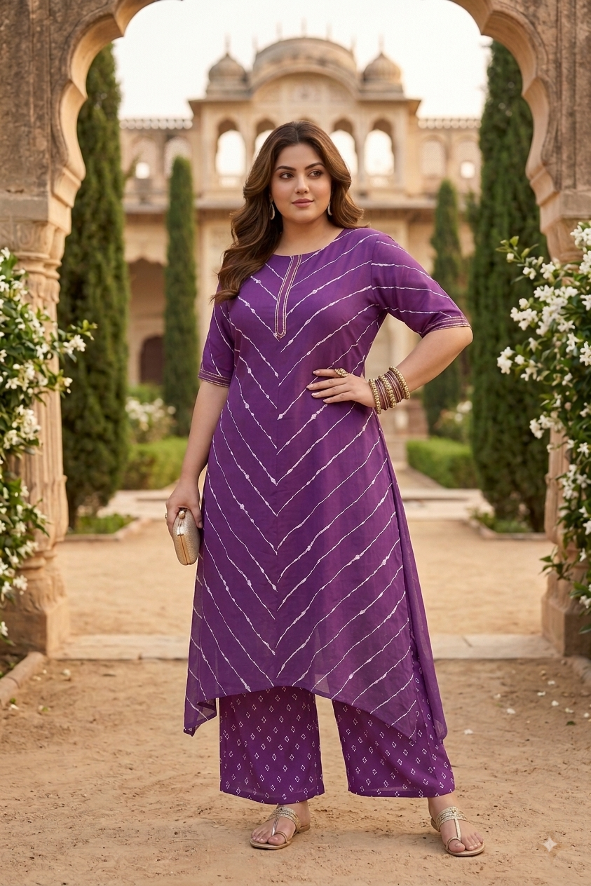 Purple Leheriya Cotton Kurta Palazzo Set ( Set of 2)