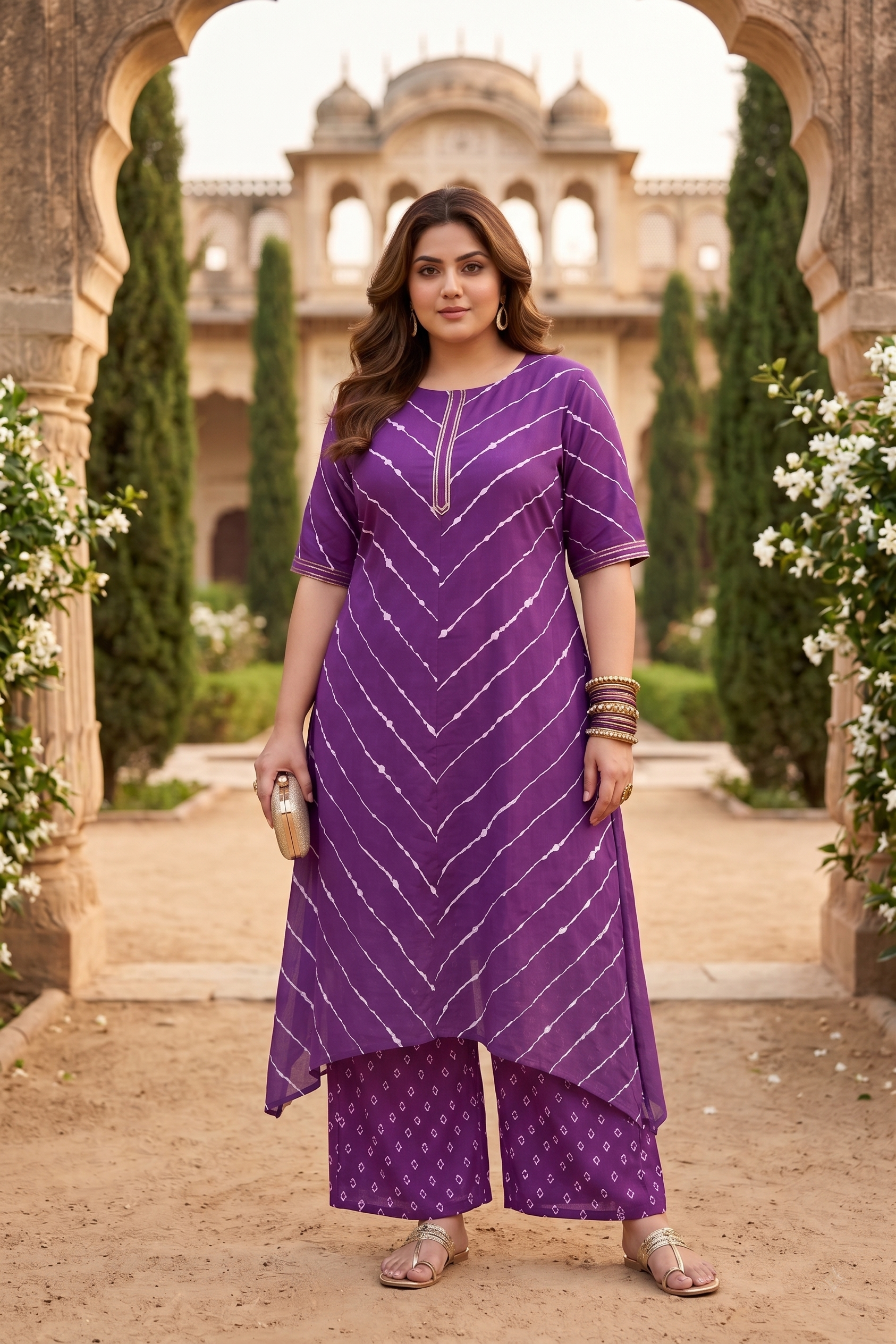 Purple Leheriya Cotton Kurta Palazzo Set ( Set of 2)