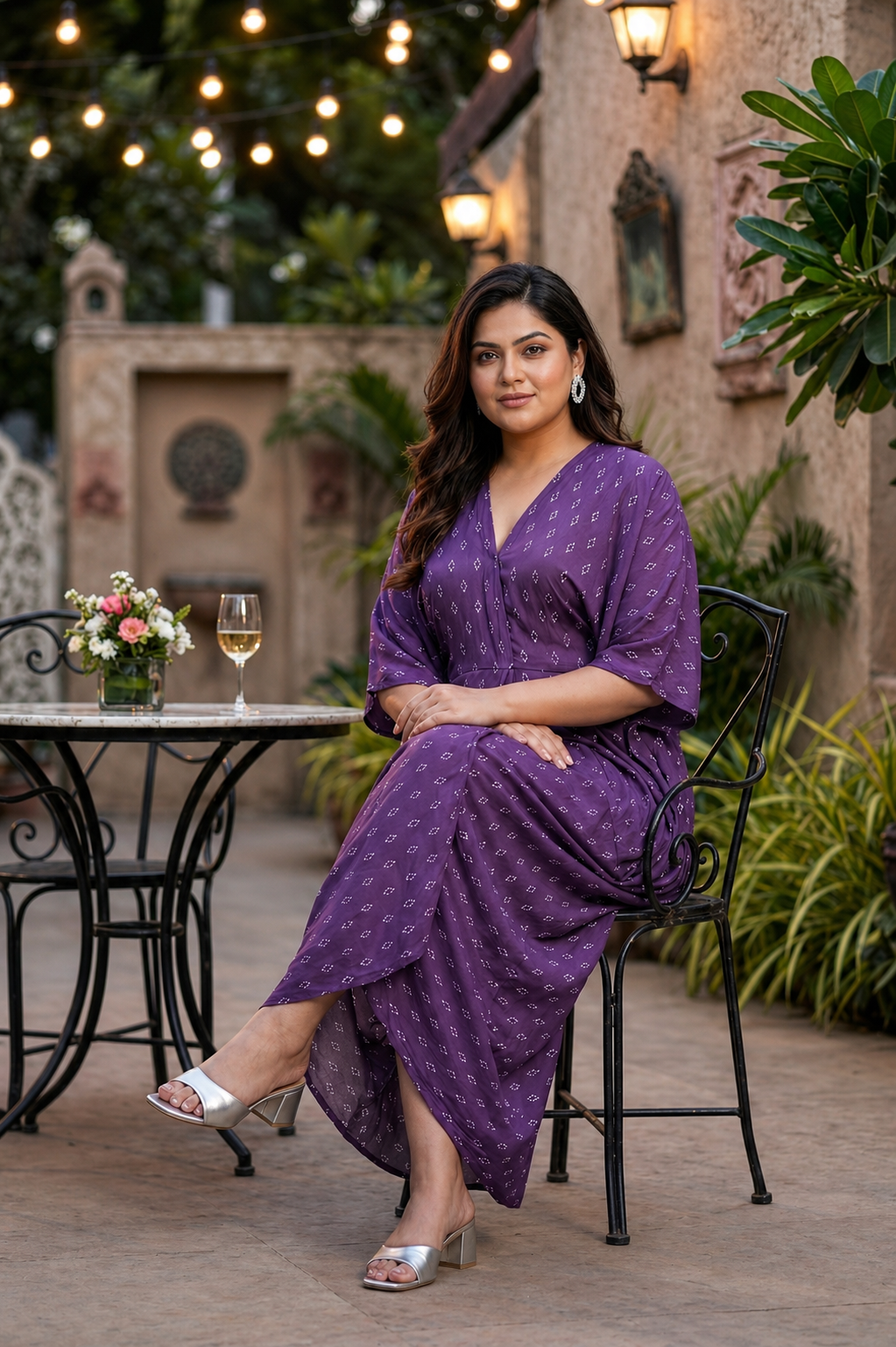 Violet V-Neck Bandhani Print Cowl Dress